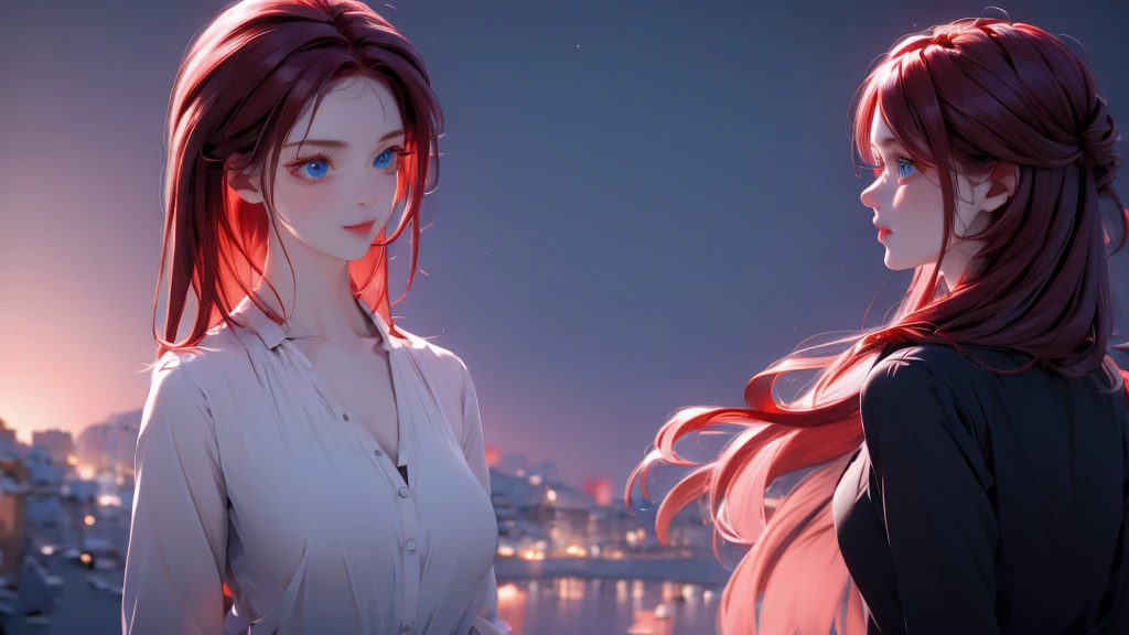 1 girl, medium light red hair, light blue eyes, wearing Black suit, night TOWN 4D , absurdres, high res, ultrasharp, 8K, masterpiece, looking from behind