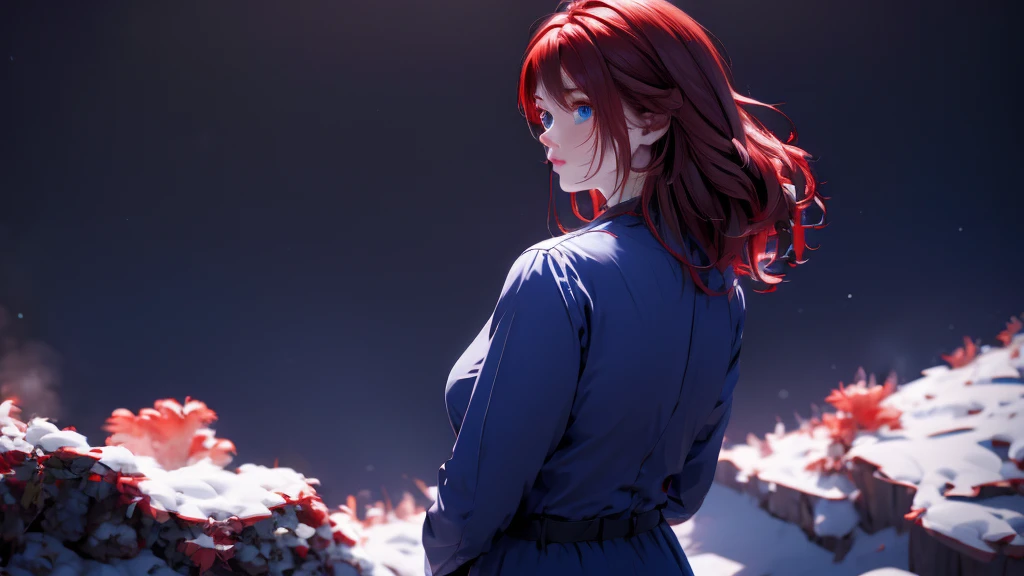 1 girl, medium light red hair, light blue eyes, wearing Black suit, night TOWN 4D , absurdres, high res, ultrasharp, 8K, masterpiece, looking from behind