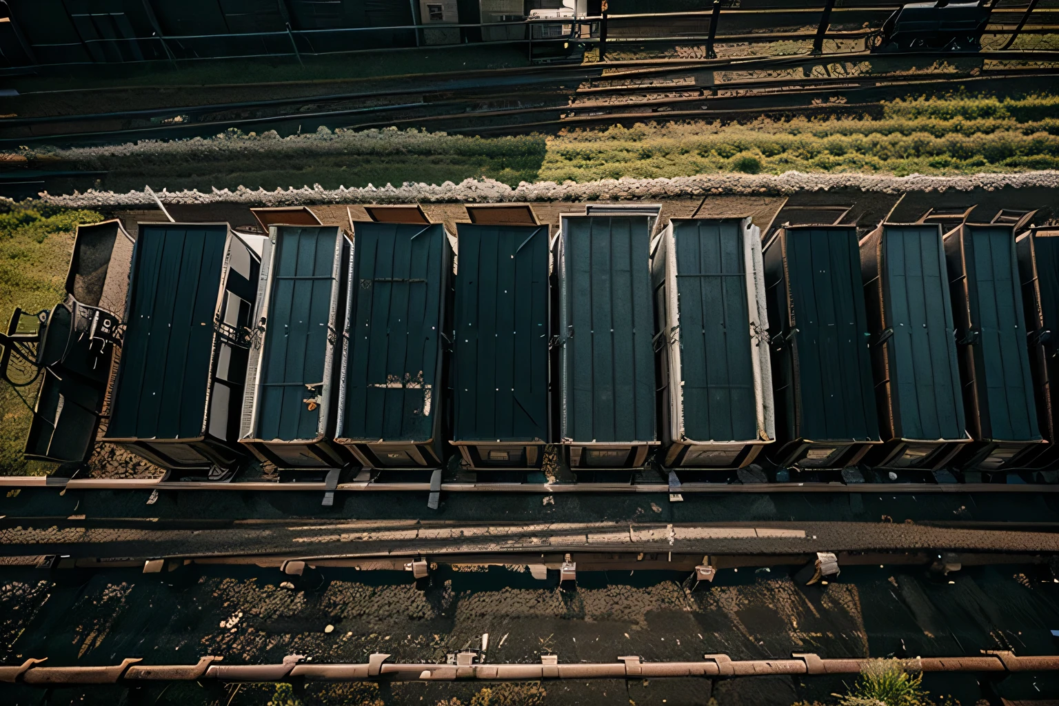 wagons with coal, many carriages view from above, field