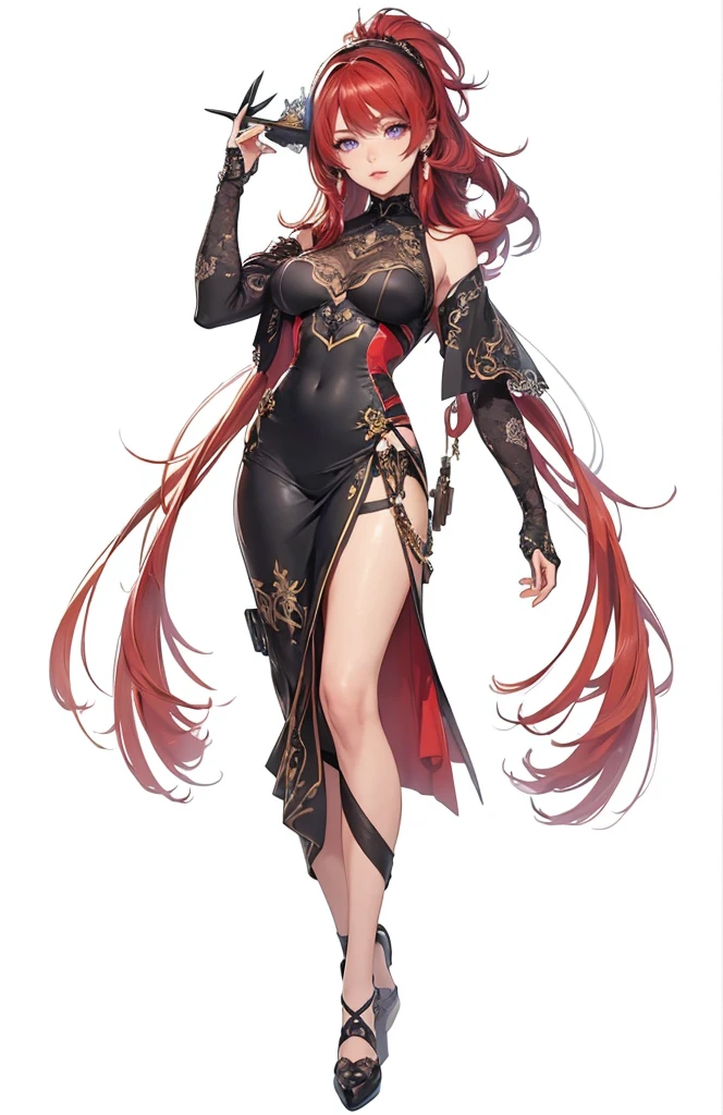 ((1girl, solo)), beautiful body, (perfect anatomy, perfect body, perfect hands, perfect legs), natural proportions, sexy body, large breasts, ((full body, full body front)) BREAK
((extremely detailed face)), (beautiful detailed eyes:1.6), (realistic pupils, realistic iris:1), expressive eyes, looking at viewer, (clear eyes:1.3), (hyperrealistic:1.2), (detailed skin texture:1.2), smooth skin, ((purple eyes)), (red hair:1.5), long hair, very long hair, high ponytail, bangs, sidelocks, ((drill earrings)), hair ornament, hair stick, ((black hairband)), ((mature female)), ((little smile)), (detailed lips:1.2), (attractive lips:1.1), (glossy lips:1.1), (parted lips), perfect face, perfect eyes BREAK
(masterpiece:1.5), anime-style, top quality, best quality, (beautiful and aesthetic:1.2), (ultra detail:1.5), Ultra-detailed depiction, Ultra-precise depiction, extremely detailed 8k illustration, high resolution, (highly detailed shading:1.2), (realistic lighting:1.4), perfect lighting, vibrant colors, dynamic tones, striking hues, 8k, absurd resolution, perfect shadows, hdr, UHD, ambient lighting, realistic, ultra-realistic, photo realistic, highly detailed, rich detail, luminous colors, fine texture, intricate design, professional illustration, (soft light:1.2), (illustration:0.7)