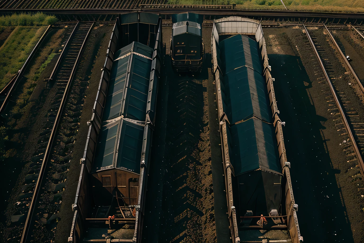 wagons with coal, many carriages view from above, field