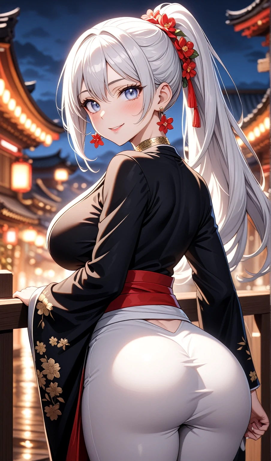 ((One personの女性)), Beautiful Face, (Laughing embarrassedly), (seductive smile:1.4), ((Wink:1.9)), (head tilt:1.3), Laugh with your mouth wide open, upper teeth, looking at viewer, ((Bright red cheeks:1.4)),Glossy Red Lips,Night view, High terrace, firework, Glossy red lips, Shining Face, ((Anime style background)),masterpiece, Highest quality, so beautiful,up to date, Complex details, (Pink long nails),(ring),(bracelet),(Floral choker),AI-generated, Complex,High resolution, Highest quality, super high quality,3D Images、3D Images,One person,Long white hair,High Ponytail, Anime woman posing for a photo,(blue eyes), ((Fine grain、Silvery white, lightly pigmented eyes、Shining Eyes:1.3)), (Squint your eyes:1.1),a hyperRealistic , hyperRealistic , Realistic,Anime woman with long white hair, Smooth anime CG art, A woman in a colorful kimono with gold embroidery, ((Black long sleeve kimono)),Red floral pattern,Long flower hair ornament,Earrings,Mature Body,(Big Breasts:1.1),Tall,Abdominal muscles,Tight waist,Leaning forward, (hip focus), ((looking back)),