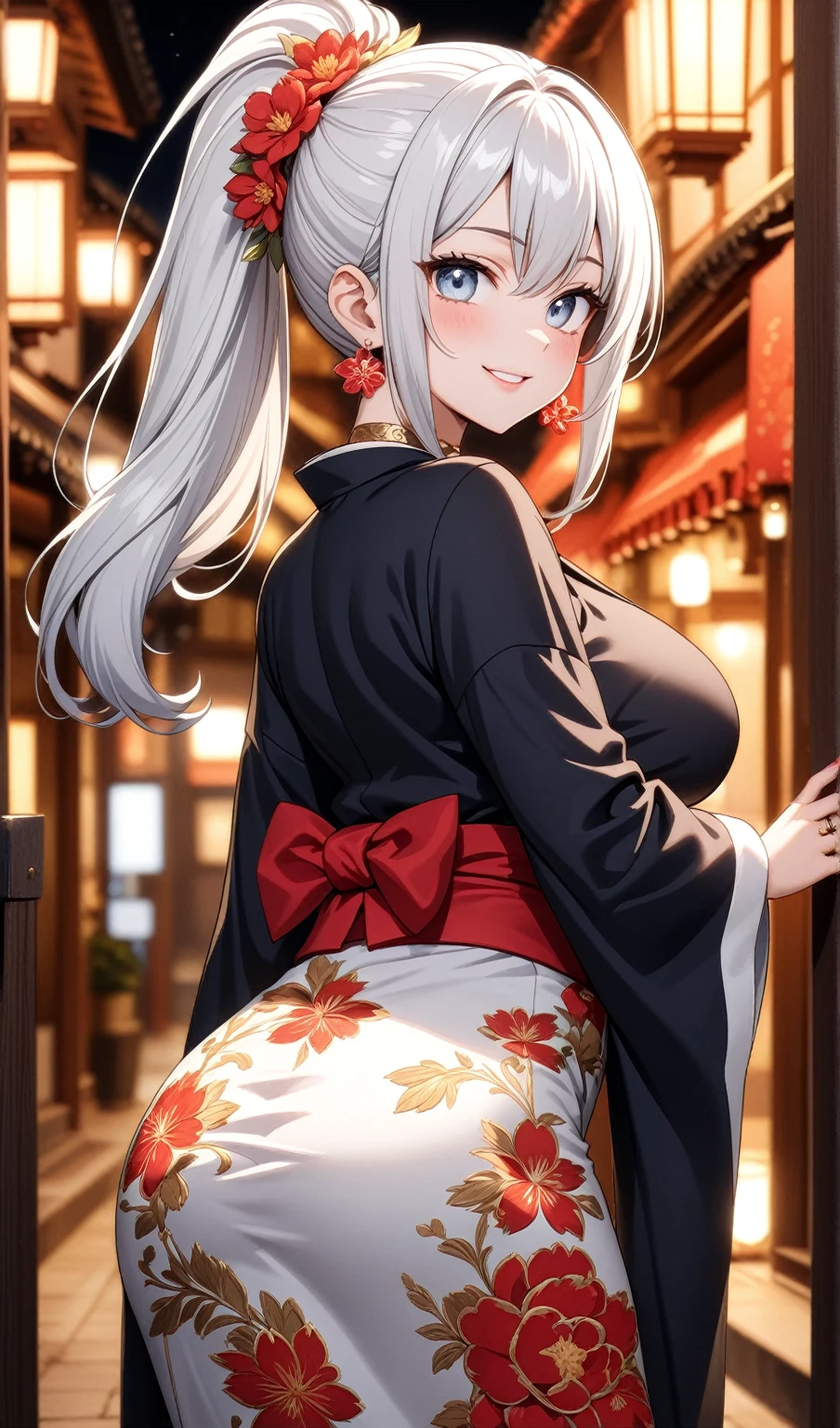 ((One personの女性)), Beautiful Face, (Laughing embarrassedly), (seductive smile:1.4), ((Wink:1.9)), (head tilt:1.3), Laugh with your mouth wide open, upper teeth, looking at viewer, ((Bright red cheeks:1.4)),Glossy Red Lips,Night view, High terrace, firework, Glossy red lips, Shining Face, ((Anime style background)),masterpiece, Highest quality, so beautiful,up to date, Complex details, (Pink long nails),(ring),(bracelet),(Floral choker),AI-generated, Complex,High resolution, Highest quality, super high quality,3D Images、3D Images,One person,Long white hair,High Ponytail, Anime woman posing for a photo,(blue eyes), ((Fine grain、Silvery white, lightly pigmented eyes、Shining Eyes:1.3)), (Squint your eyes:1.1),a hyperRealistic , hyperRealistic , Realistic,Anime woman with long white hair, Smooth anime CG art, A woman in a colorful kimono with gold embroidery, ((Black long sleeve kimono)),Red floral pattern,Long flower hair ornament,Earrings,Mature Body,(Big Breasts:1.1),Tall,Abdominal muscles,Tight waist,Leaning forward, (hip focus), ((looking back)),