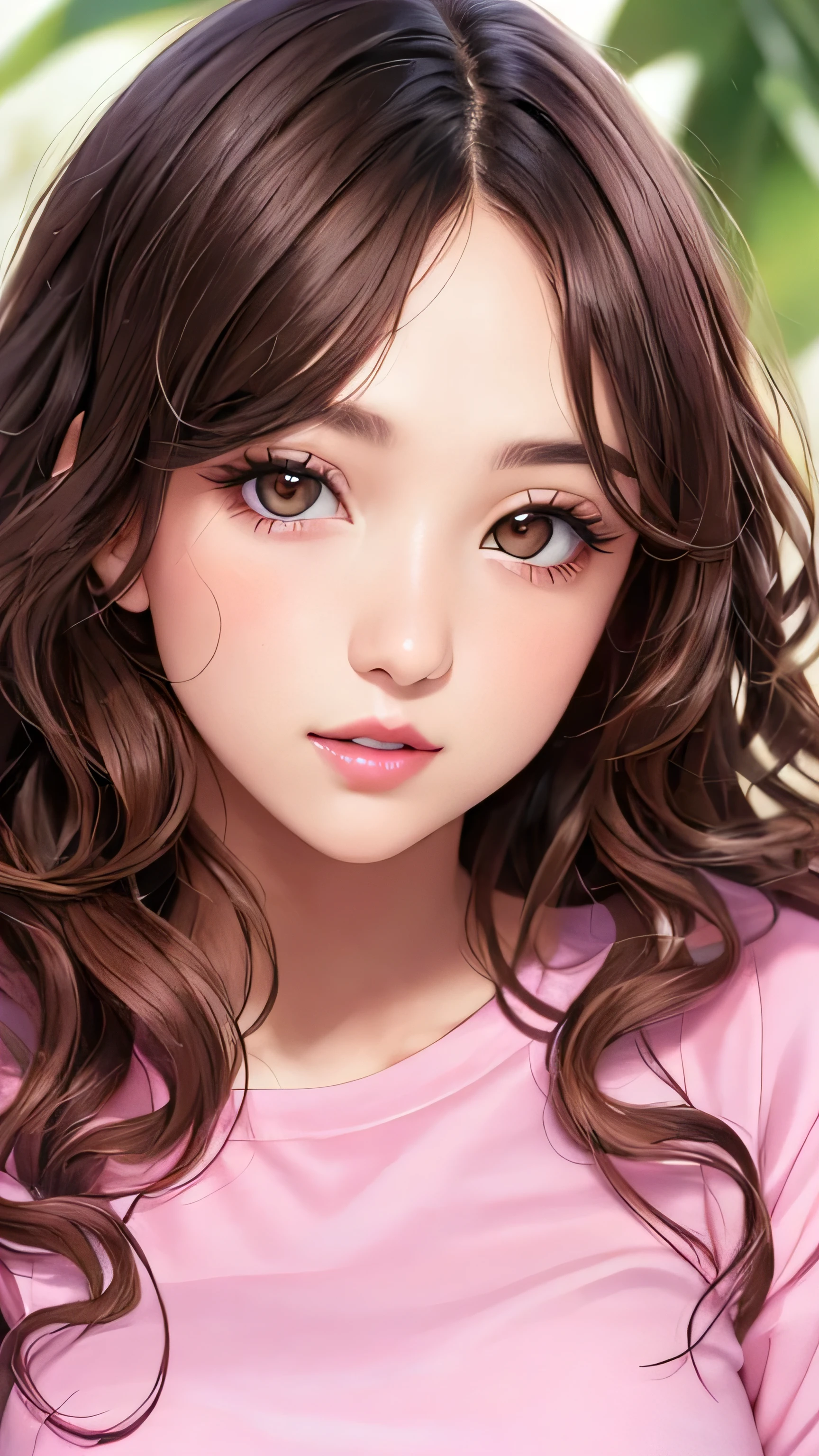 Girl, long wavy brown hair, brown eyes, soft sharp features, white skin, pink lips, pink shirt