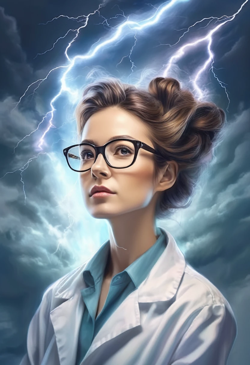 (Portrait of a genius female scientist:1.4), Inspiration、Cloudy、Thundercloud、Lightning flash sky background、Pastel Art Style、Masterpiece、Highest quality