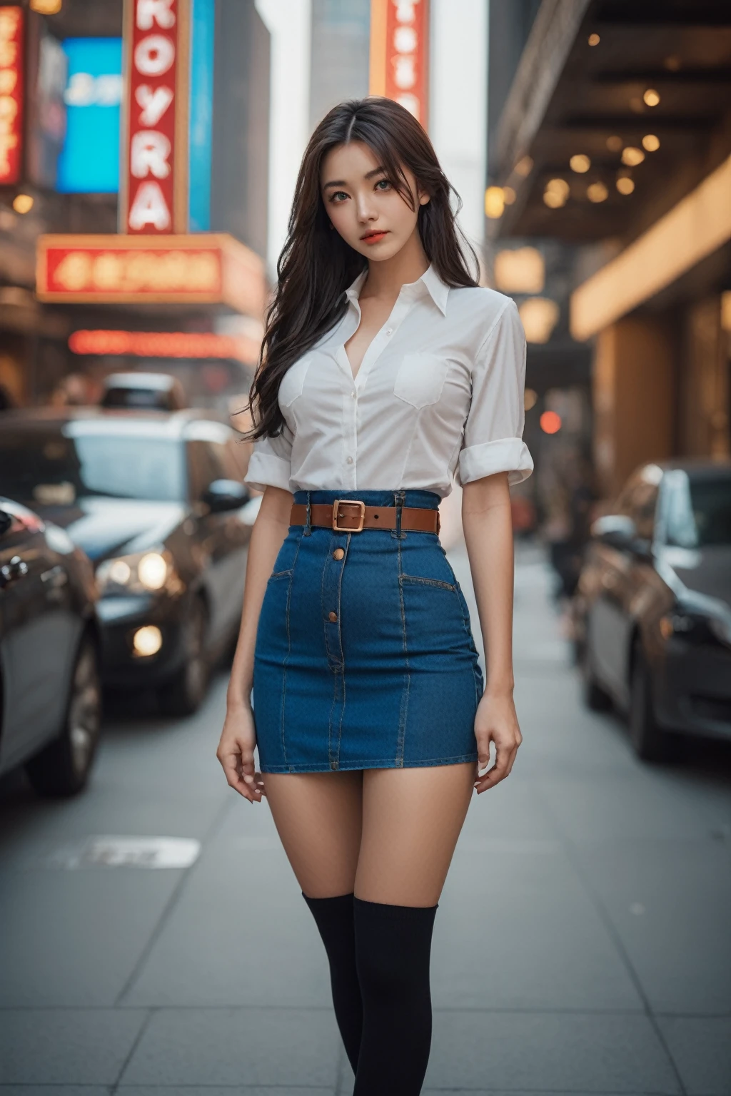 Ultra-wide shot,Cinematic,8K,RAW Photos,Realistic,masterpiece,Highest quality,High resolution,Very detailed,Intricate details,irrational solution,High-quality texture,Detailed Texture,Bright colors,Professional Lighting,Radio City,Photon Mapping,Physically Based Rendering,High Quality Shadows,Ray Tracing,Perfect body,Perfect Face,Sony a7,Very beautiful face,Very beautiful eyes,One Girl,denim mini skirt,mini skirt,belt,alone,belly button,shirt,abdomen,shirt,Crop top,Large Breasts,(Underbust:1.2),Outdoor,Japan Streets,(loose socks:1.1),bangs,Long Hair,whole body,t-shirt,Short sleeve,Are standing,footwear,(A light smile:0.8),(Gothic Makeup:1.1),(Dynamic pose:0.6),Long Hair,