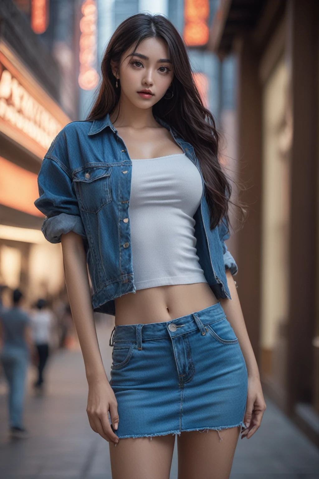 Ultra-wide shot,Cinematic,8K,RAW Photos,Realistic,masterpiece,Highest quality,High resolution,Very detailed,Intricate details,irrational solution,High-quality texture,Detailed Texture,Bright colors,Professional Lighting,Radio City,Photon Mapping,Physically Based Rendering,High Quality Shadows,Ray Tracing,Perfect body,Perfect Face,Sony a7,Very beautiful face,Very beautiful eyes,One Girl,denim mini skirt,mini skirt,belt,alone,belly button,shirt,abdomen,shirt,Crop top,Large Breasts,(Underbust:1.2),Outdoor,Japan Streets,(loose socks:1.1),bangs,Long Hair,whole body,t-shirt,Short sleeve,Are standing,footwear,(A light smile:0.8),(Gothic Makeup:1.1),(Dynamic pose:0.6),Long Hair,