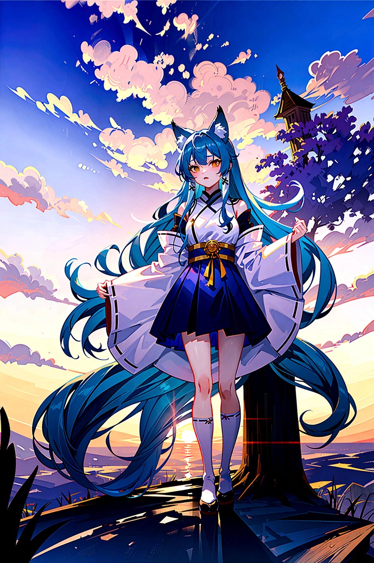 fox Light blue hair 　beast girl　indigo fur　fox beast girl　Sesshomaru, Yellow eyes, Anime, Perfect face, Perfect Lighting, Outdoors, Warm colors, Dark purple sky, Autumn sunset,  \(inuyasha\), Bearing Claw, Ready to fight