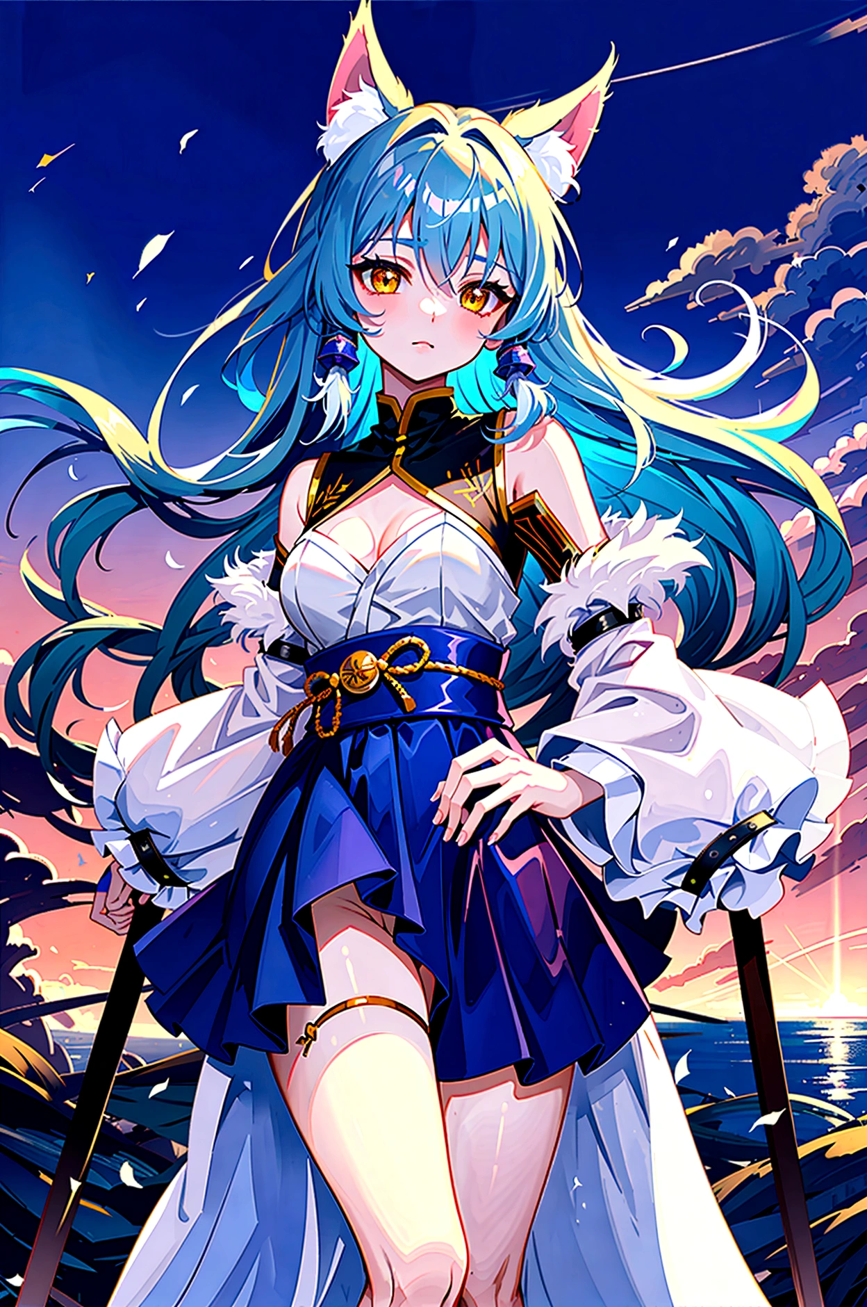 fox Light blue hair 　beast girl　indigo fur　fox beast girl　Sesshomaru, Yellow eyes, Anime, Perfect face, Perfect Lighting, Outdoors, Warm colors, Dark purple sky, Autumn sunset,  \(inuyasha\), Bearing Claw, Ready to fight