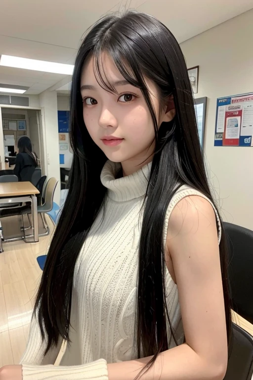 A 16-year-old high school girl with long black hair wearing sleeveless sweater