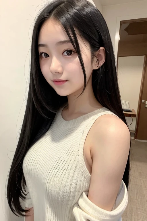 A high school girl with long black hair wearing sleeveless sweater