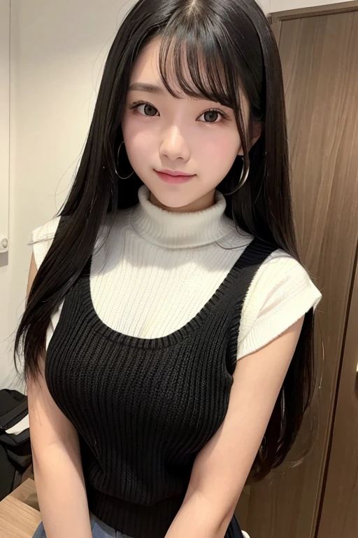 A 16-year-old high school girl with long black hair wearing sleeveless sweater