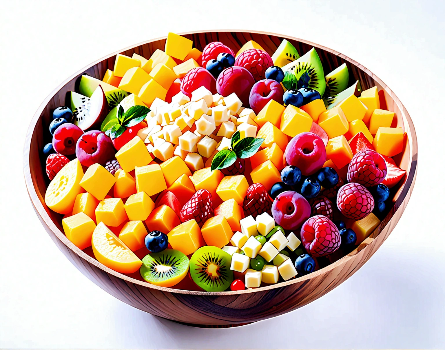 8k, super detail, award winning, highres, amazing quality, accurate, (((solid white background))), ((minimalist)), ((negative space)), a bowl full of fresh fruit salad, the bowl are made form wood, capture the fresh and delicious taste from the food, no object clip, no shadow clip, no blur, no human, no person, no text, no symbol, pseudo, beautiful color