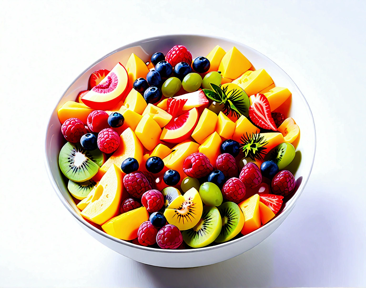 8k, super detail, award winning, highres, amazing quality, accurate, (((solid white background))), ((minimalist)), ((negative space)), a bowl full of fresh fruit salad, the bowl are made form wood, capture the fresh and delicious taste from the food, no object clip, no shadow clip, no blur, no human, no person, no text, no symbol, pseudo, beautiful color