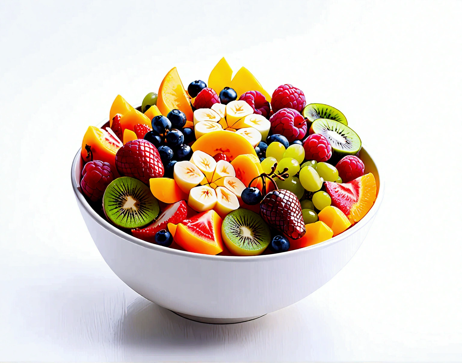 8k, super detail, award winning, highres, amazing quality, accurate, (((solid white background))), ((minimalist)), ((negative space)), a bowl full of fresh fruit salad, the bowl are made form wood, capture the fresh and delicious taste from the food, no object clip, no shadow clip, no blur, no human, no person, no text, no symbol, pseudo, beautiful color