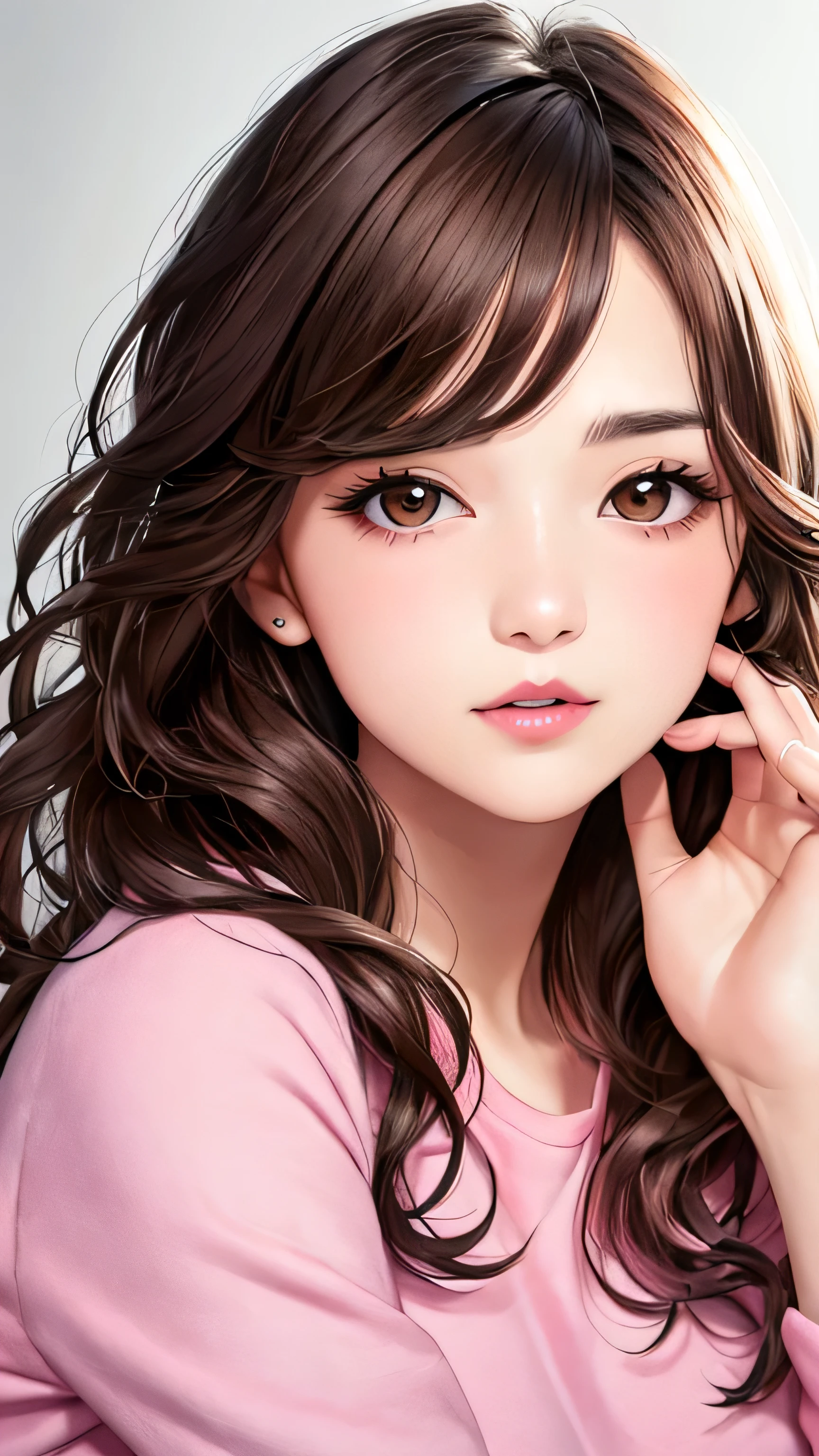 Girl, long wavy brown hair, brown eyes, soft sharp features, white skin, pink lips, pink shirt
