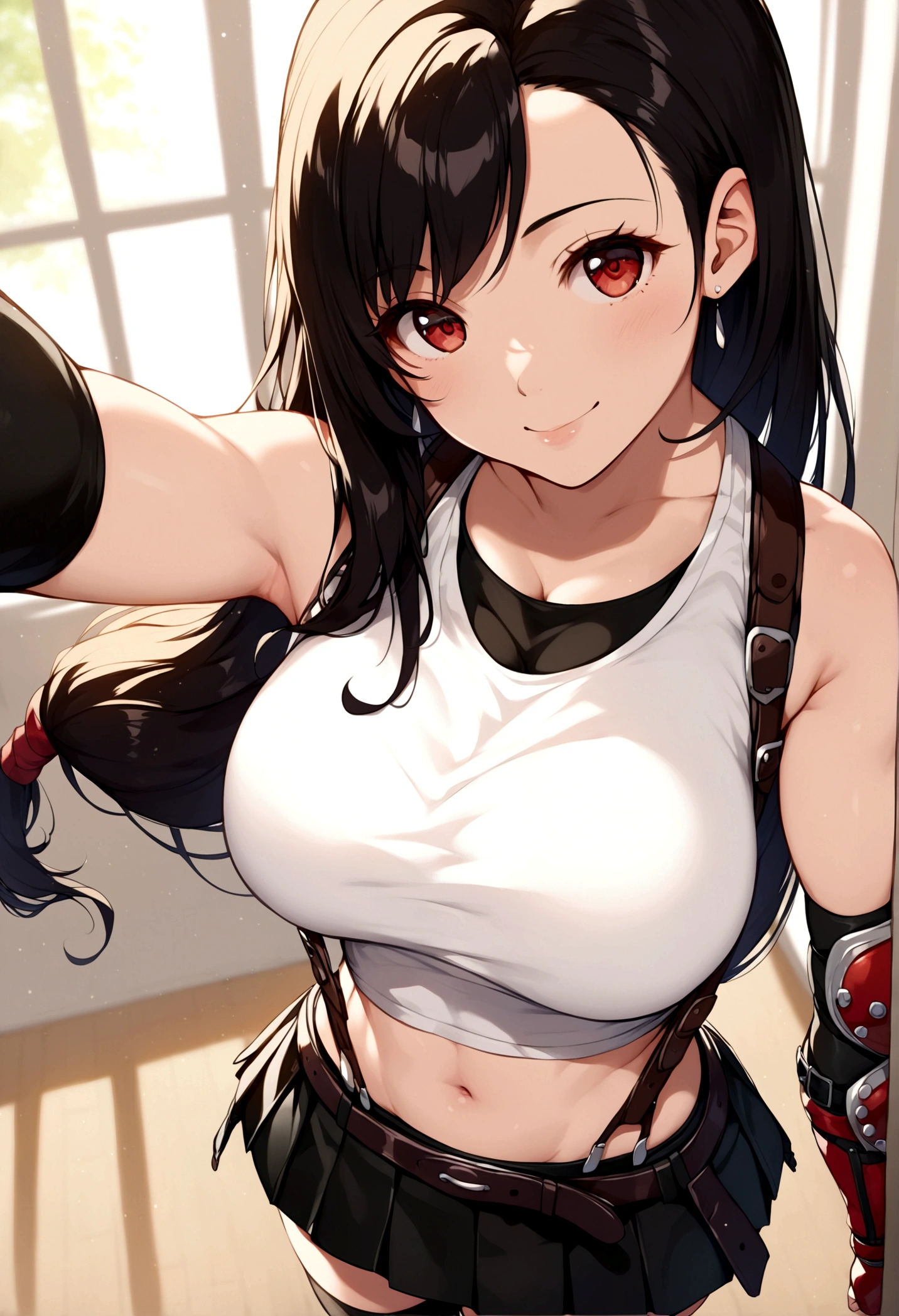 score_9, score_8_up, score_7_up,score_6, score_5,8k,rating_safe BREAK , (from above.from above,front view,feet focus,standing,straight-on,(selfie),,(upperbody),looking_at_viewer ,1girl, tifa lockhart, final fantasy, tareme,black hair, low-tied long hair, red eyes, bangs, (white tank top, belt, pleated skirt, thighhighs, elbow fingerless gloves, elbow pads, midriff, navel,suspender skirt) ,large_breasts,(light smile),,,Solo,,(daytime and beachside and city),detailed skin,(best quality),(aesthetic,very aesthetic),,photorealistic,highly detailed,,depth of field,,professional lighting,cinematic lighting, dancing breast, 　　