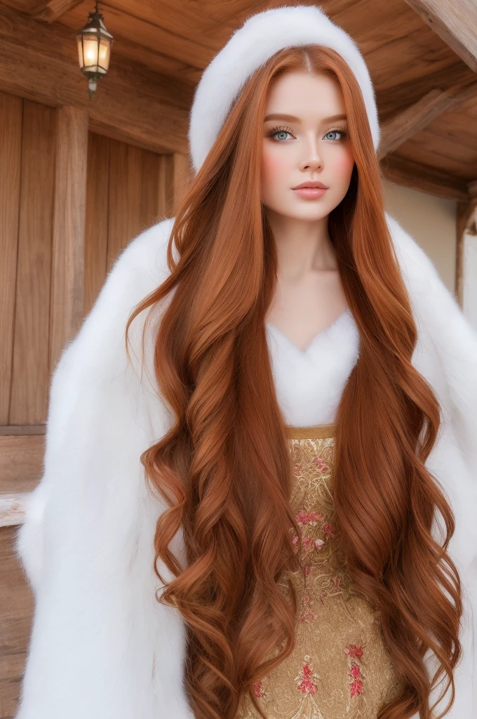 A gorgeous, pretty, shiny, kind-hearted, warm-hearted, sweet, polite, sensitive, friendly, charming, graceful, stylish, glamorous, classy, alluring, majestic, ethereal, angelical ginger long haired russian woman dressed in traditional winter costumes.
