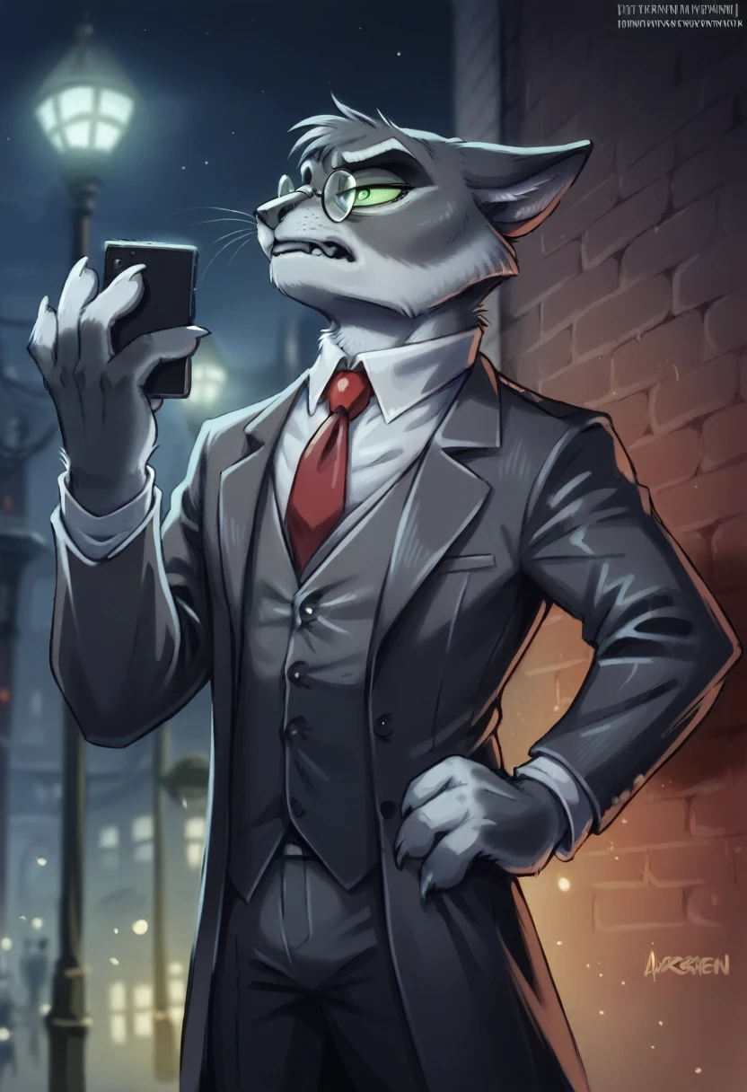 mordecai heller, solo, green sclera, walking in an alleyway, night time, detailed paw hands, ((detailed face, (detailed eyes), by zackarry911, by zaush, (by personalami:0.5), solo, looking away from the viewer, 1boy, male focus, red necktie, glasses, coat, hand on hip, hand holding phone, formal, from below, glasses, suit, grey suit vest, necktie, ((flatcolor)), vore, large vore stomach, person inside of the vore stomach is struggling, white fluffy belly, gurgling belly effect, perfect proportions 