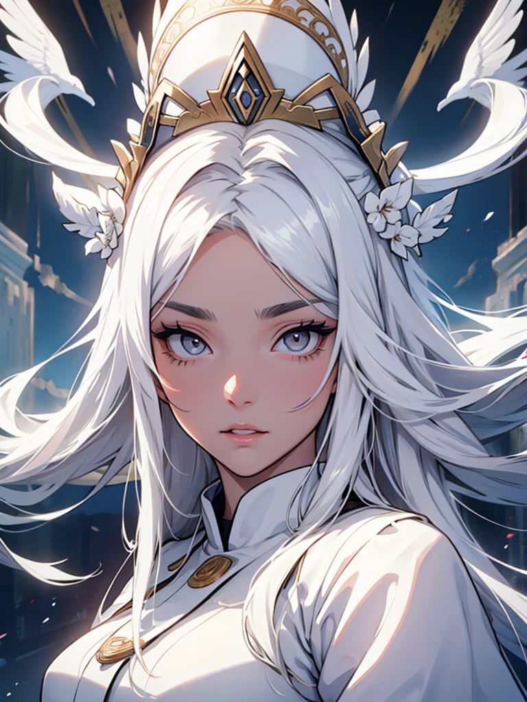 30-year-old woman、White long hair、White eyelashes、White Eyes、White eyebrows、White God's Clothes、Expressionless、White magic from one hand、White background、Cold-hearted、scared、Wind、Image of nothing、Pure White Mask