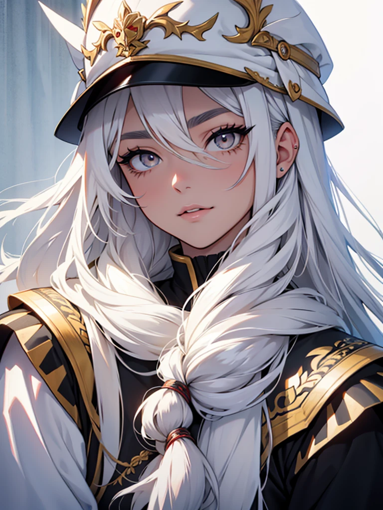 30-year-old woman、White long hair、White eyelashes、White Eyes、White eyebrows、White God's Clothes、Expressionless、White magic from one hand、White background、Cold-hearted、scared、Wind、Image of nothing、Pure White Mask