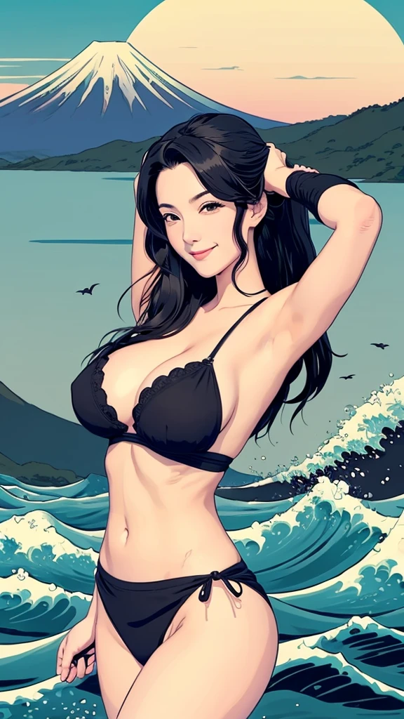 In the style of Hokusai Ukiyo-e Female ninja Ninja woman sexy smile Large Breasts Mount Fuji and the Great Wave in the background