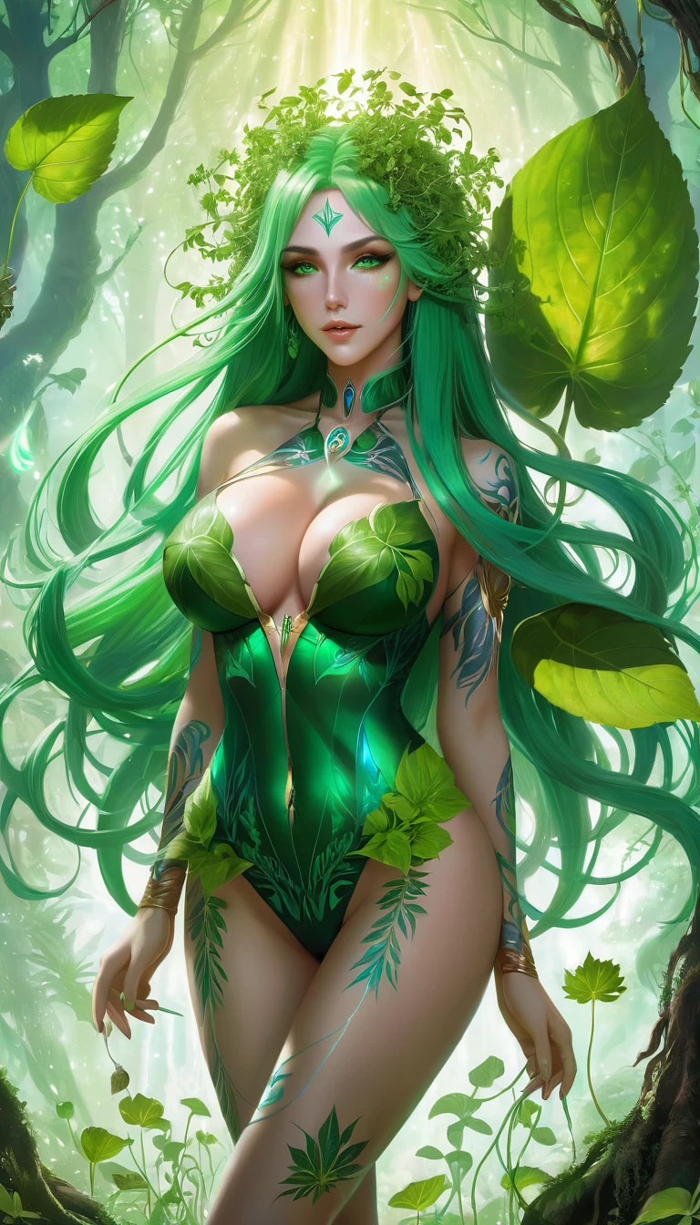 divine beautiful dlyad girl, long green hair, large breasts, full body, personified, fantasy, excellent lighting, excellent anatomy, leaves, weeds, sprouts, trees, soil, ethereality, psychedelic, masterpiece