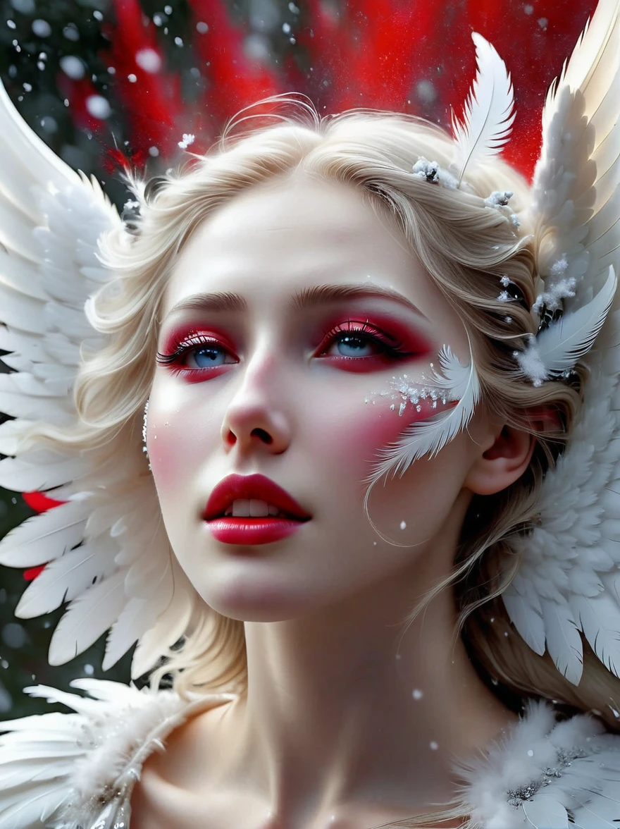 A heavenly creature, an angel with feathers as white as pristine snow, stands in a moment of quiet despair. Her eyes are filled with crimson tears, a deep scarlet that contrasts sharply with her pale complexion and radiant attire. The red tears fall from her eyes, cascading down her cheeks like a blight upon her otherwise celestial appearance, symbolising her anguish and sorrow. The wings unfold from her back with a near otherworldly grace, underlining her divine origin. The setting is nondescript, all focus drawn to this heart-wrenching display of emotion.