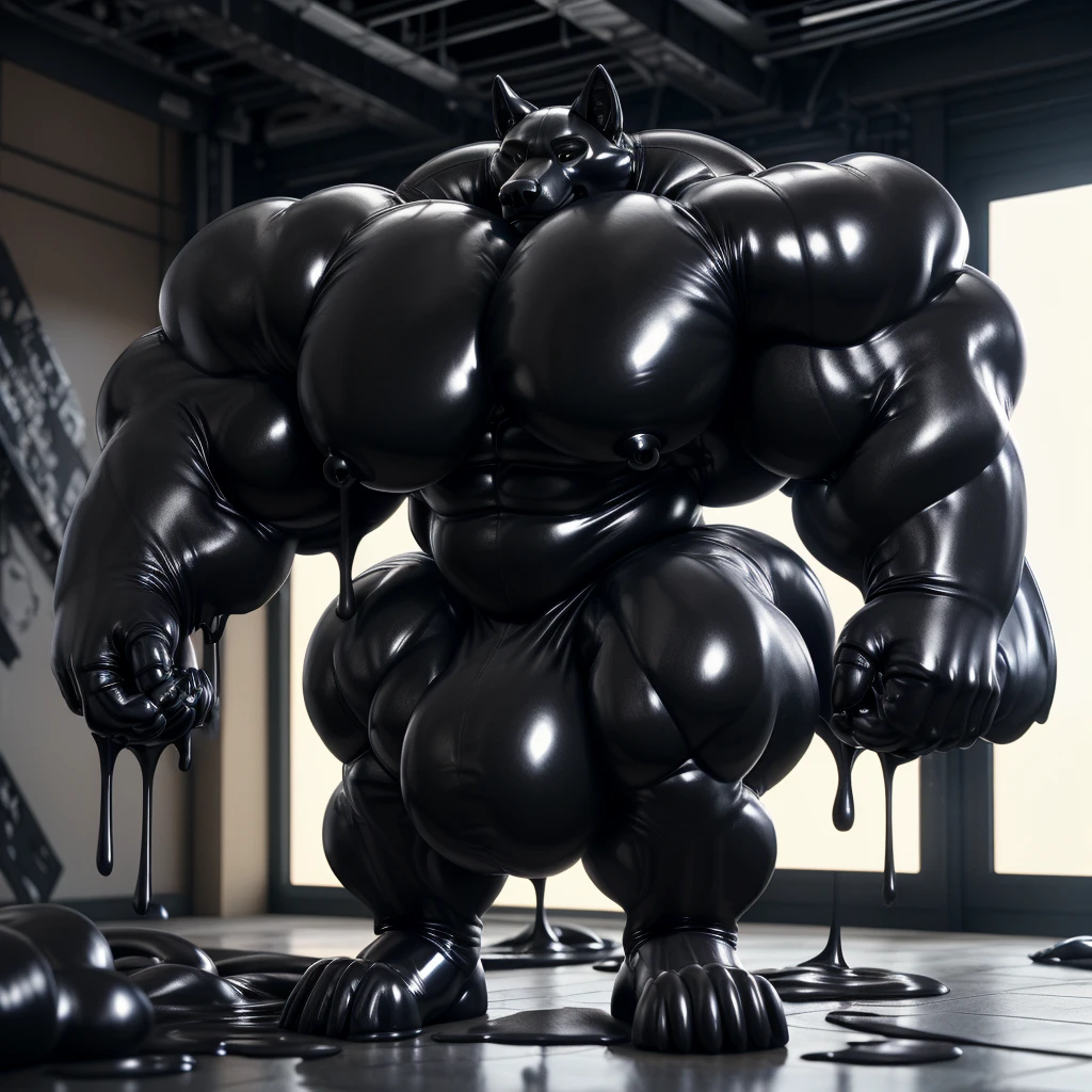 solo, male, , , ,  (hyper pecs:1.2), （long thick thighs:1.5）, standing, indoor,，(，,(,solo,very hyper muscles:1.3)((, Huge bulge：1.3))）（corruption)), black glowing liquid，（((liquid_latex, , rubber:1.2)，,black latex，goo transformation，(gooey)()(l），unreal engine,perfect light，detailed, photorealistic, 4k, hd, , , , good anatomy, , (), ,, high quality, best quality, concept art, photorealistic, wolf