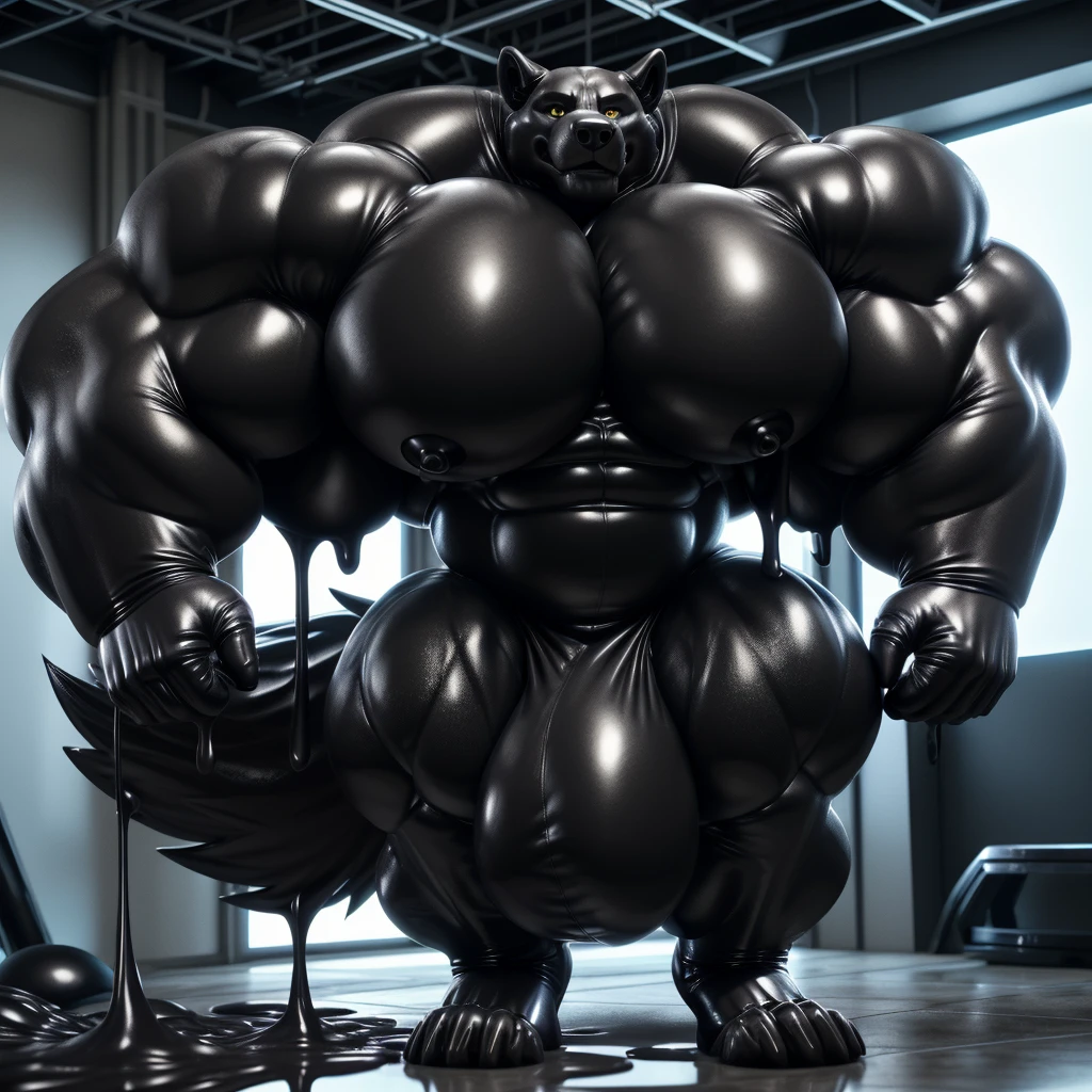 solo, male, , , , (hyper pecs:1.2), (long thick thighs:1.5), standing, indoor,,(,,(,solo,very hyper muscles:1.3)((, Huge bulge:1.3)))(corruption)), black glowing liquid,(((liquid_latex, , rubber:1.2),,black latex,goo transformation,(gooey)()(l),unreal engine,perfect light,detailed, photorealistic, 4k, hd, , , , good anatomy, , (), ,, high quality, best quality, concept art, photorealistic, wolf
