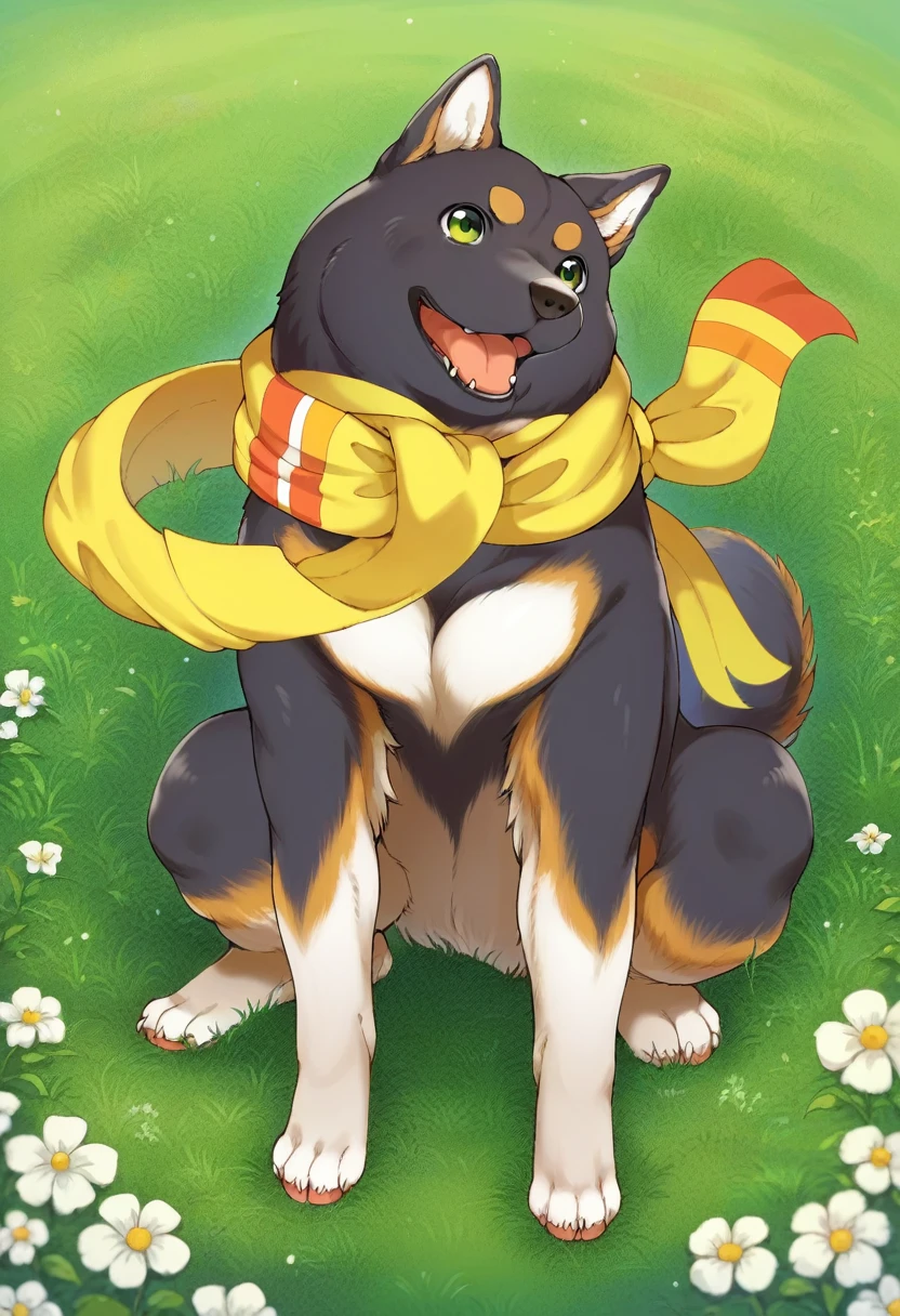 score_9, score_8_superior, score_7_superior, ,Anime Style,evaluation_Safety,break, shibakuroi, dog, 柴dog, animal, Yellow scarf, grass, View your viewers,