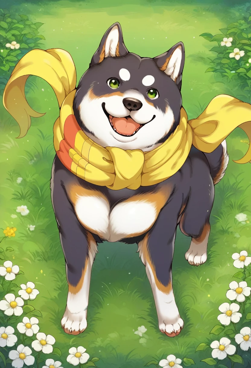 score_9, score_8_superior, score_7_superior, ,Anime Style,evaluation_Safety,break, shibakuroi, dog, 柴dog, animal, Yellow scarf, grass, View your viewers,