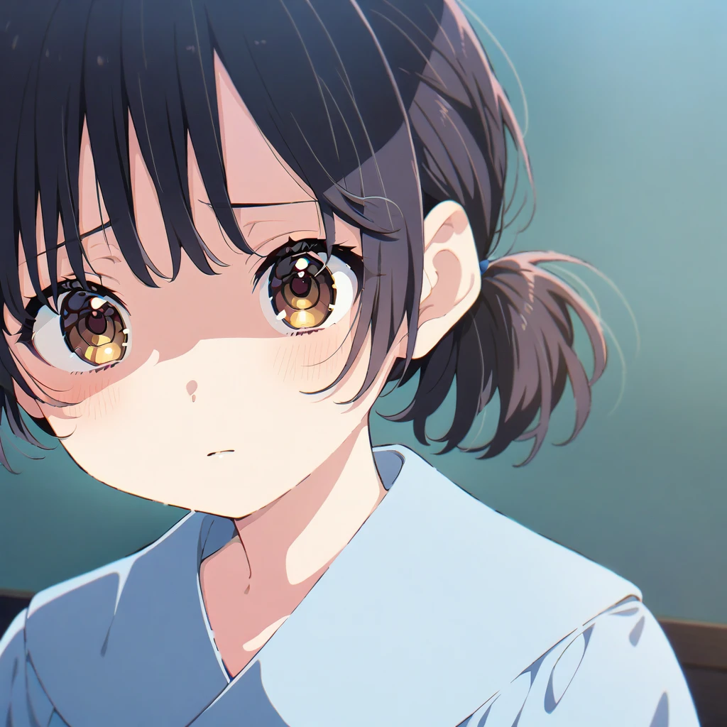 Masterpiece, Best quality, solo female, young girl, sister-like, brown eyes color, short ponytail hair, black color hair, sparkless eyes, depression eyes, hopeless expression, anxiety, white and blue dress, white eardrop, frontal photo, anime, illustration