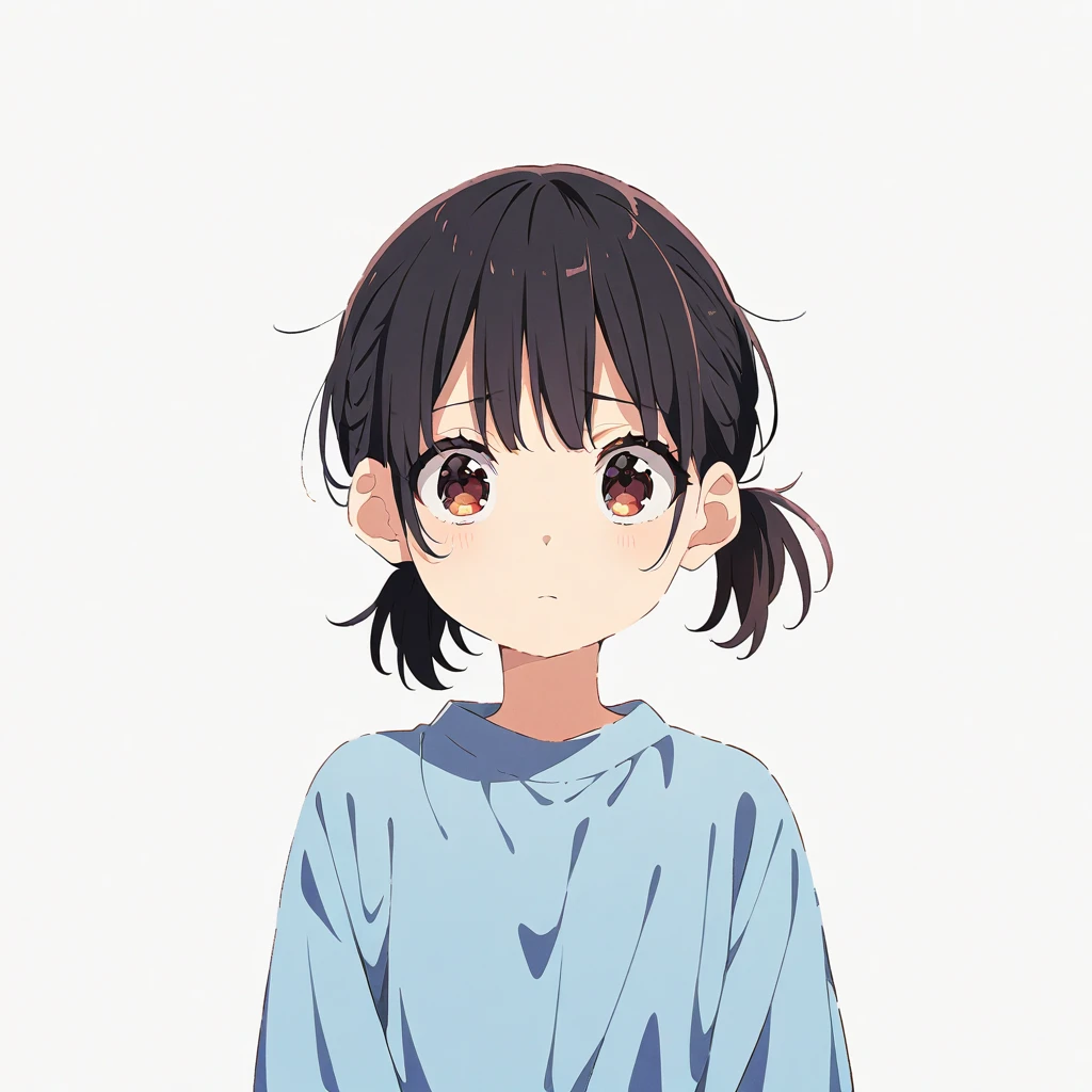 Masterpiece, Best quality, solo female, young girl, sister-like, brown eyes color, short ponytail hair, black color hair, sparkless eyes, depression eyes, hopeless expression, anxiety, white and blue dress, white eardrop, frontal photo, anime, illustration