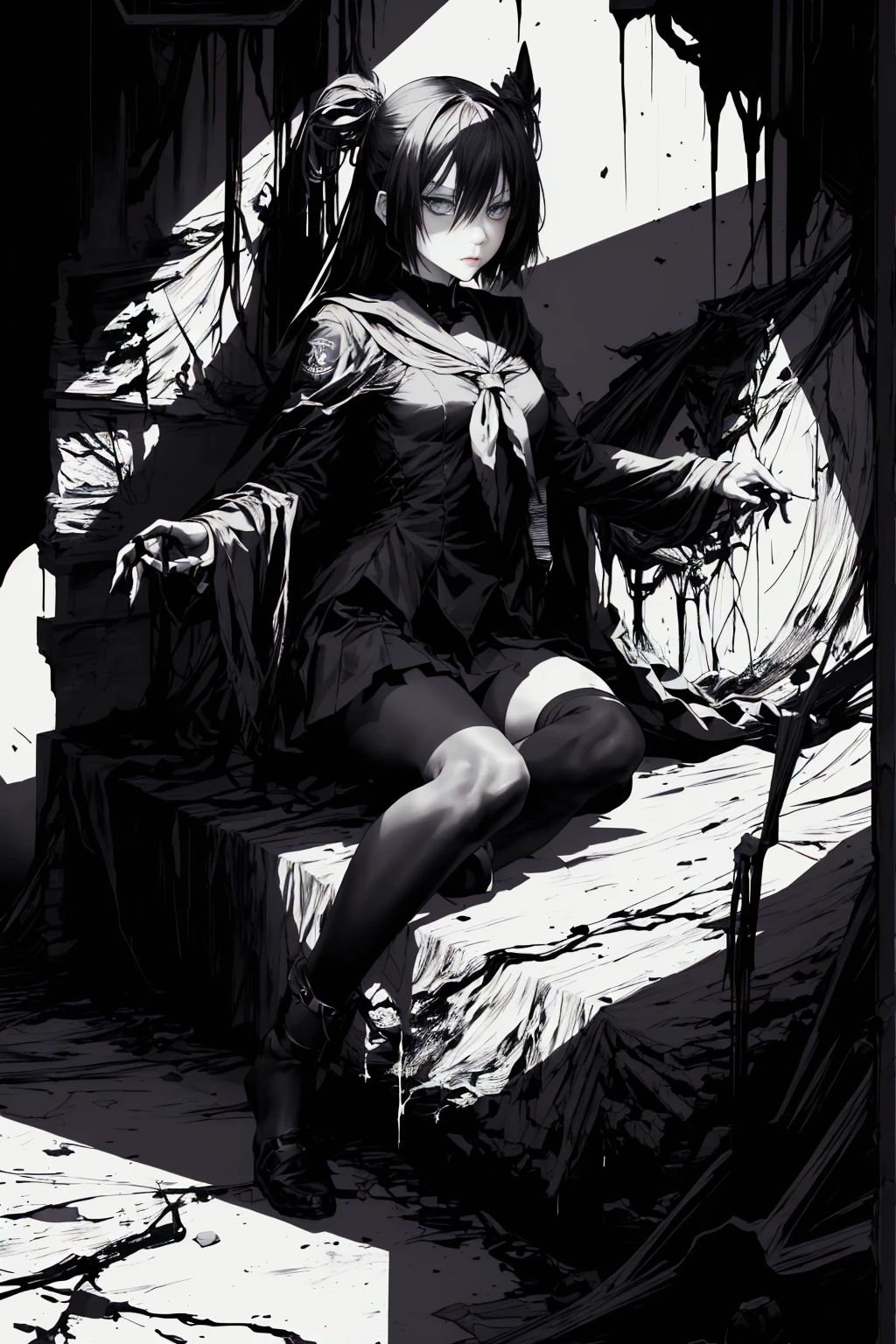 v5lcn style,ink art,(Best Quality,masutepiece:1.2),(black and white comic core:1.1),(extreme high contrast),Dark ink,1girl in,A dark-haired,Shadow on face、8K,resolution,High School Girl,Sailor Uniform,