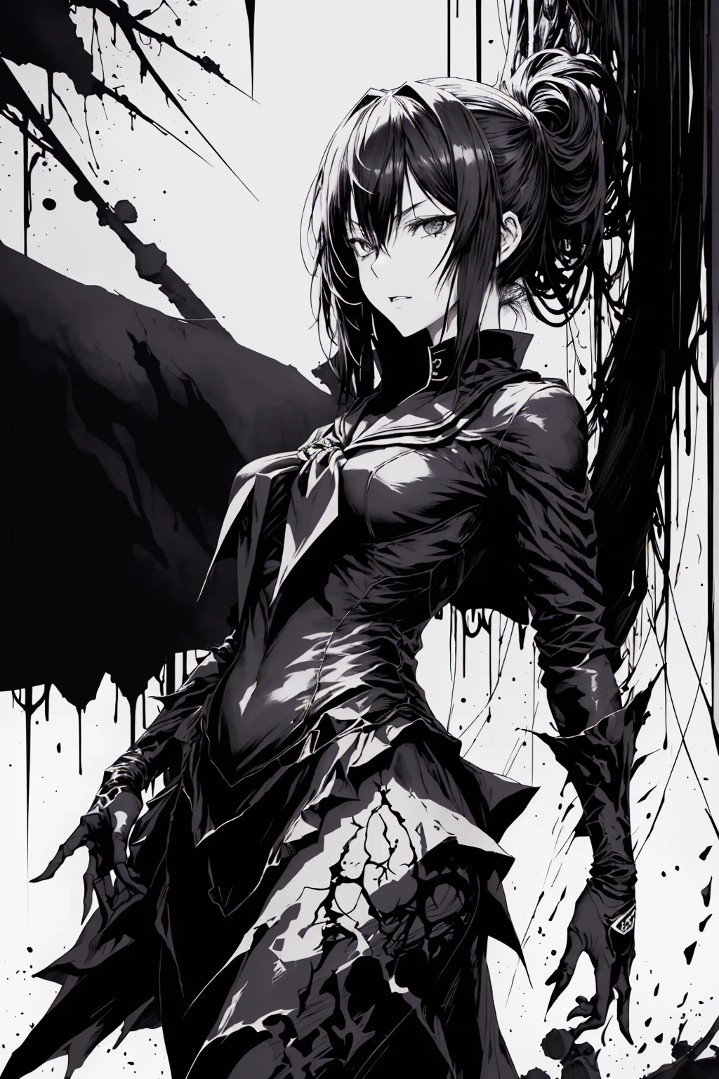 v5lcn style,ink art,(Best Quality,masutepiece:1.2),(black and white comic core:1.1),(extreme high contrast),Dark ink,1girl in,A dark-haired,Shadow on face、8K,resolution,High School Girl,Sailor Uniform,