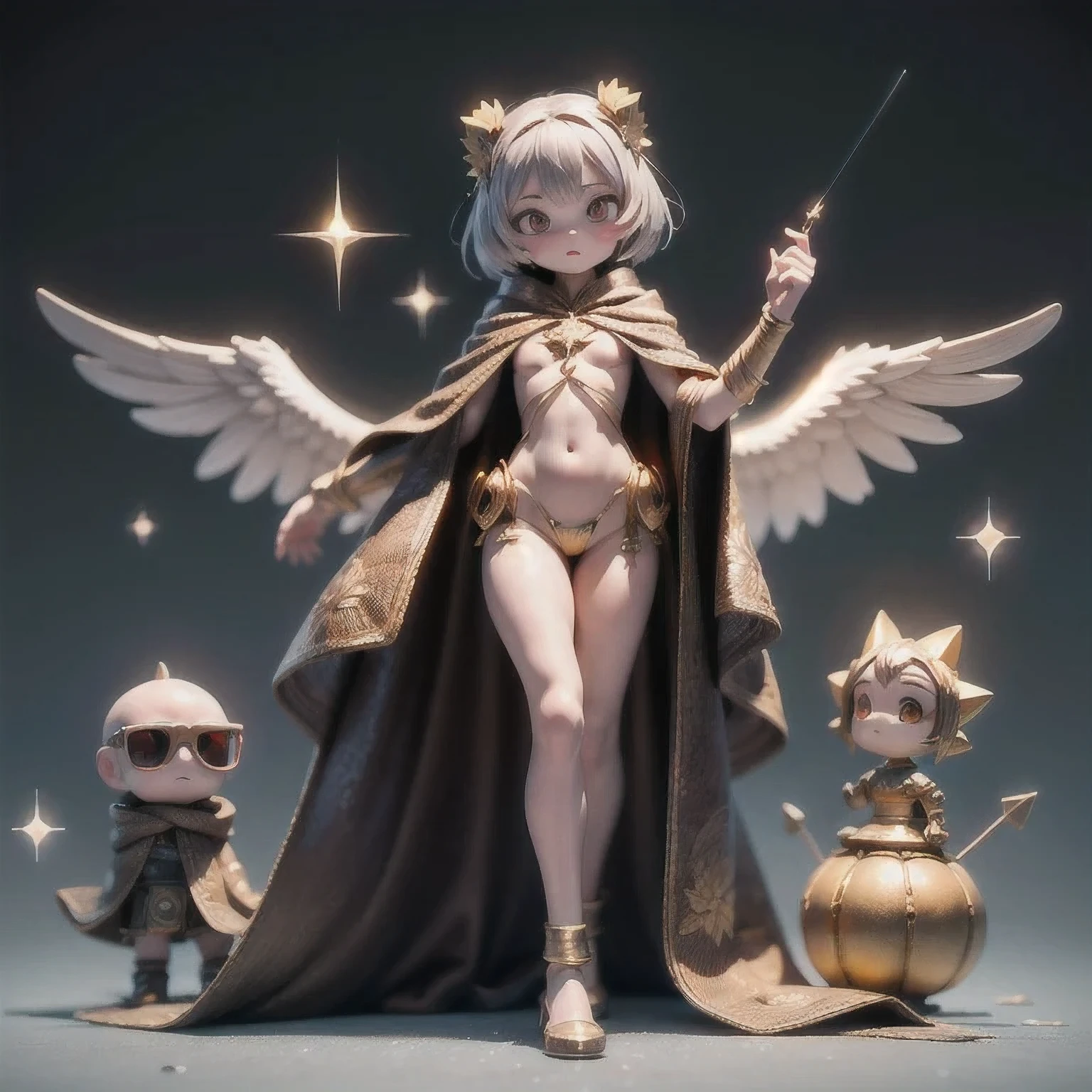 Three-headed body suit copper and gold wire diamond Maya star,Coarse linen cloak rainbow hood platinum silk cyberpunk light crossbow space station 1:900 miniatures,Leather illustration,Side viewing angle,((Angel)),Wear gold wire-rimmed reflective sunglasses,Carry future weapons,very happy,Side viewing angle,whole body,Stereo,(Angel)Octane Rendering,Perfect face,Collagen texture,