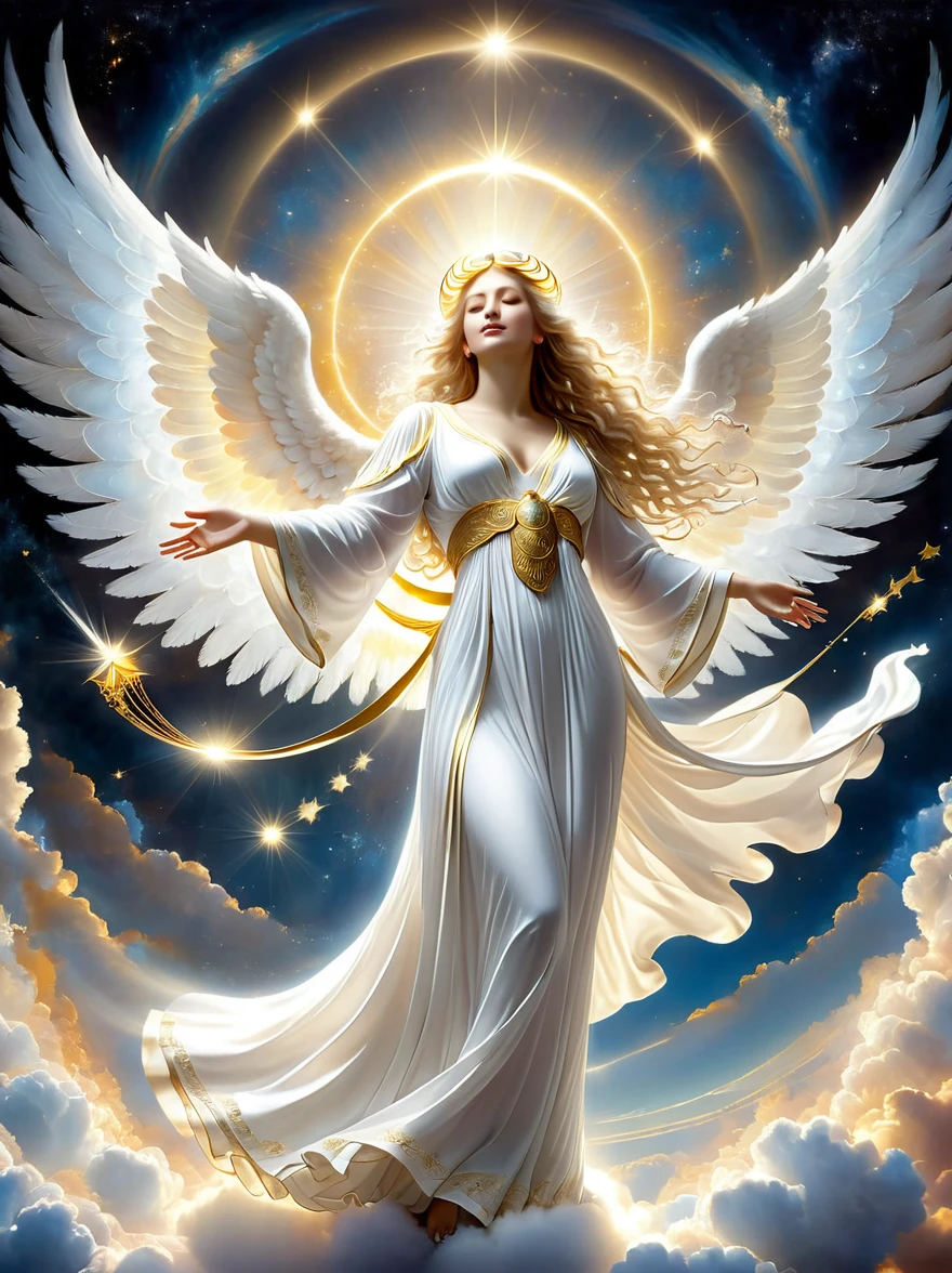 A celestial scene depicting a divine being known as an angel. The angel is characterized by its luminous appearance, white feathered wings extending grandly from its back, guided by purity and peace. It is dressed in an ethereal robe, carrying in its hands a golden harp as its celestial music permeates the heavenly atmosphere. Floating on a cloud with a radiant halo above its head, the angel's compassionate eyes are full of wisdom as it watches over the Earth beneath it.
