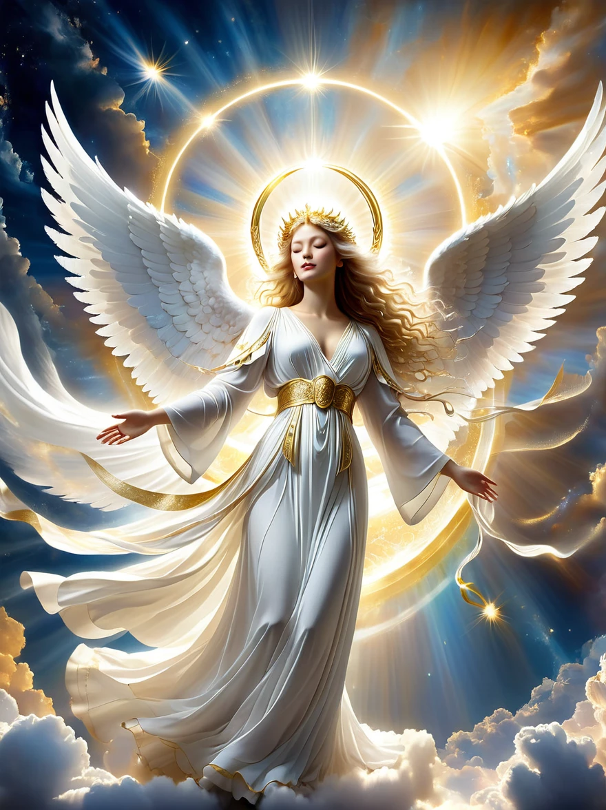 A celestial scene depicting a divine being known as an angel. The angel is characterized by its luminous appearance, white feathered wings extending grandly from its back, guided by purity and peace. It is dressed in an ethereal robe, carrying in its hands a golden harp as its celestial music permeates the heavenly atmosphere. Floating on a cloud with a radiant halo above its head, the angel's compassionate eyes are full of wisdom as it watches over the Earth beneath it.