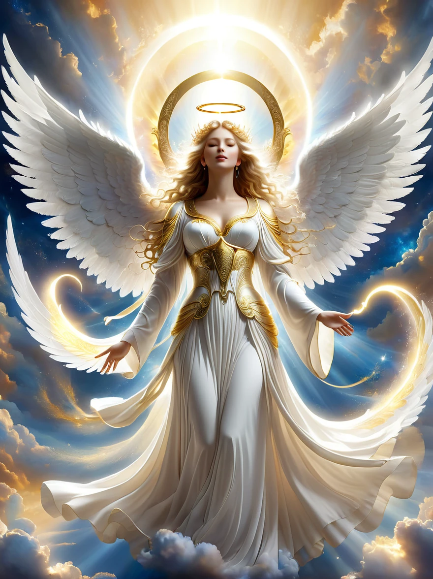 A celestial scene depicting a divine being known as an angel. The angel is characterized by its luminous appearance, white feathered wings extending grandly from its back, guided by purity and peace. It is dressed in an ethereal robe, carrying in its hands a golden harp as its celestial music permeates the heavenly atmosphere. Floating on a cloud with a radiant halo above its head, the angel's compassionate eyes are full of wisdom as it watches over the Earth beneath it.