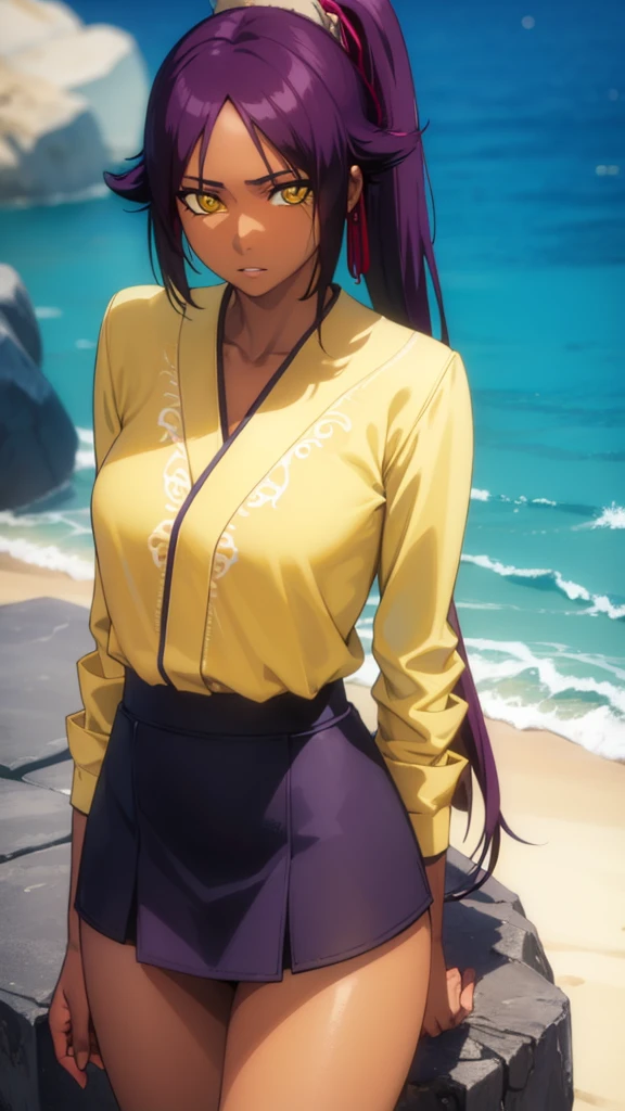 Naked, without clothes, yoruichishihouin, yoruichi shihouin, long hair, (yellow eyes:1.5), ponytail, purple hair, dark skin, dark-skinned female, long sleeves,
BREAK outdoors,
BREAK looking at viewer, (cowboy shot:1.5),
BREAK (masterpiece:1.2), best quality, high resolution, unity 8k wallpaper, (illustration:0.8), (beautiful detailed eyes:1.6), extremely detailed face, perfect lighting, extremely detailed CG, (perfect hands, perfect anatomy), day, beach, sun
