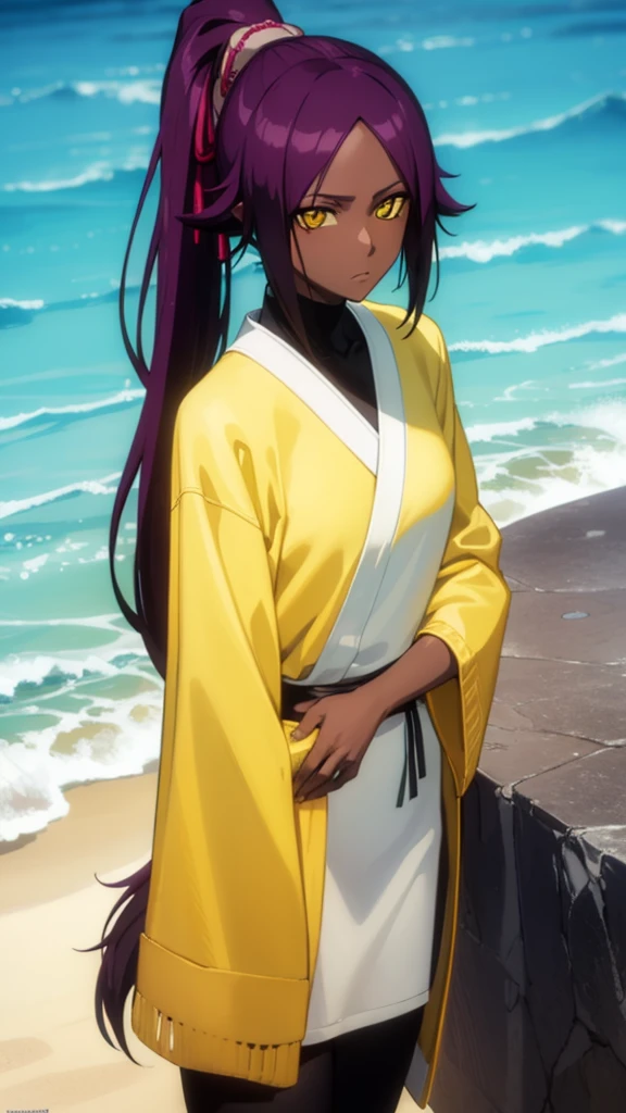 Naked, without clothes, yoruichishihouin, yoruichi shihouin, long hair, (yellow eyes:1.5), ponytail, purple hair, dark skin, dark-skinned female, long sleeves,
BREAK outdoors,
BREAK looking at viewer, (cowboy shot:1.5),
BREAK (masterpiece:1.2), best quality, high resolution, unity 8k wallpaper, (illustration:0.8), (beautiful detailed eyes:1.6), extremely detailed face, perfect lighting, extremely detailed CG, (perfect hands, perfect anatomy), day, beach, sun 