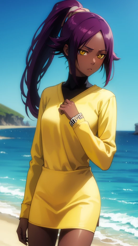 Naked, without clothes, yoruichishihouin, yoruichi shihouin, long hair, (yellow eyes:1.5), ponytail, purple hair, dark skin, dark-skinned female, long sleeves,
BREAK outdoors,
BREAK looking at viewer, (cowboy shot:1.5),
BREAK (masterpiece:1.2), best quality, high resolution, unity 8k wallpaper, (illustration:0.8), (beautiful detailed eyes:1.6), extremely detailed face, perfect lighting, extremely detailed CG, (perfect hands, perfect anatomy), day, beach, sun 