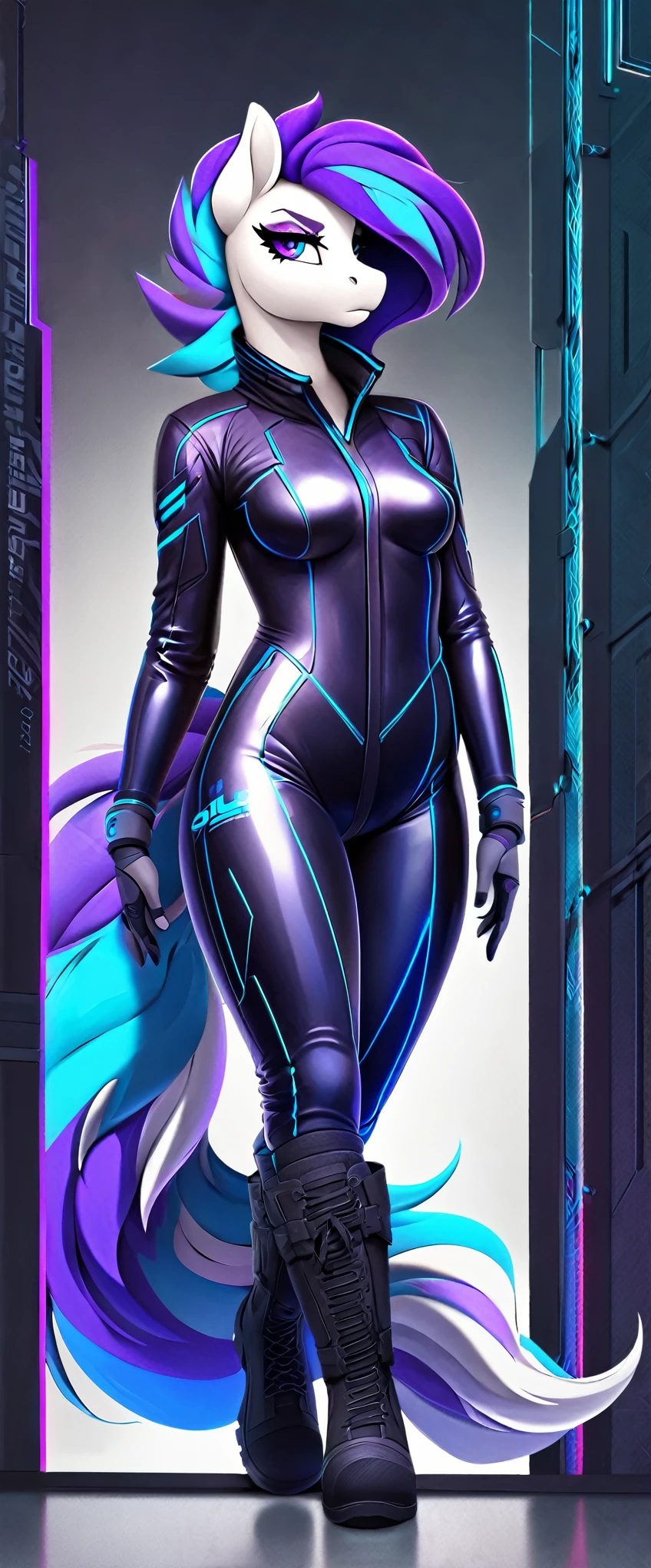a ((full body)) cartoon picture of an anthropomorphic, android (((pony:0.9))), cyberpunk style, (((shiny latex cyberpunk neck-entry full bodysuit:1.5))), (((techwear jacket on top:0.9))), (((calf-high boots))), generic MLP style, professional drawing, female anthro pony, medium breasts, ((frowning:1.0)), metallic purple eyeliner, (((semi realistic cream white fur))), (((detailed eyes:1.0))), electric blue colored cyberpunk mane and tail with violet tips.