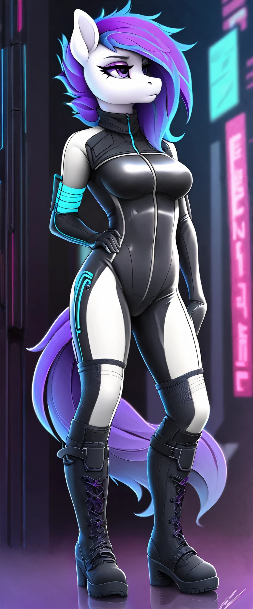 a ((full body)) cartoon picture of an anthropomorphic, android (((pony:0.9))), cyberpunk style, (((shiny latex cyberpunk neck-entry full bodysuit:1.5))), (((techwear jacket on top:0.9))), (((calf-high boots))), generic MLP style, professional drawing, female anthro pony, medium breasts, ((frowning:1.0)), metallic purple eyeliner, (((semi realistic cream white fur))), (((detailed eyes:1.0))), electric blue colored cyberpunk mane and tail with violet tips.