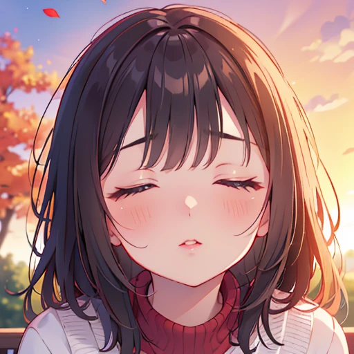 (Highest quality、Tabletop、8K、Best image quality、Award-winning works)、One beautiful woman、(Close your eyes completely:1.1)、(Closed lips:1.1)、(Bring your face closer:1.1)、(Put your lips close to mine:1.1)、(Face close-up:1.2)、(Selfie:1.2)、Knitted sweater、(完璧に整備された美しい秋の公園のBlurred Background:1.1)、Autumn scenery、The most natural and perfect park background、Red autumn leaves、wood々Beautiful sunlight shining through the gaps、(Romantic Sunset:1.2)、(A vibrant and spectacular sunset:1.1)、(Blurred Background:1.1)、Spectacular Cinema Lighting、Beautiful glossy lipstick、Perfect Makeup、Ultra-high definition beauty face、Ultra HD Hair、(Beautiful closed eyelids in ultra-high resolution:1.1)、(Ultra-high resolution bright and radiant skin:1.2)、(Ultra-high quality glossy lips:1.1)、(Looking forward:1.2)、(体がLooking forward:1.2)、(Eyebrows are lowered:1.1)、(Troubled face:1.1)