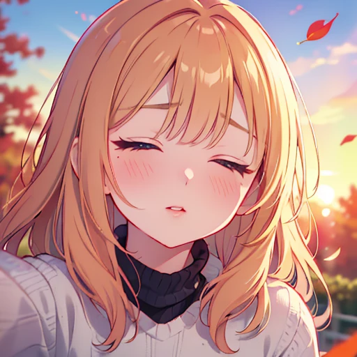 (Highest quality、Tabletop、8K、Best image quality、Award-winning works)、One beautiful woman、(Close your eyes completely:1.1)、(Closed lips:1.1)、(Bring your face closer:1.1)、(Put your lips close to mine:1.1)、(Face close-up:1.2)、(Selfie:1.2)、Knitted sweater、(完璧に整備された美しい秋の公園のBlurred Background:1.1)、Autumn scenery、The most natural and perfect park background、Red autumn leaves、wood々Beautiful sunlight shining through the gaps、(Romantic Sunset:1.2)、(A vibrant and spectacular sunset:1.1)、(Blurred Background:1.1)、Spectacular Cinema Lighting、Beautiful glossy lipstick、Perfect Makeup、Ultra-high definition beauty face、Ultra HD Hair、(Beautiful closed eyelids in ultra-high resolution:1.1)、(Ultra-high resolution bright and radiant skin:1.2)、(Ultra-high quality glossy lips:1.1)、(Looking forward:1.2)、(体がLooking forward:1.2)、(Eyebrows are lowered:1.1)、(Troubled face:1.1)