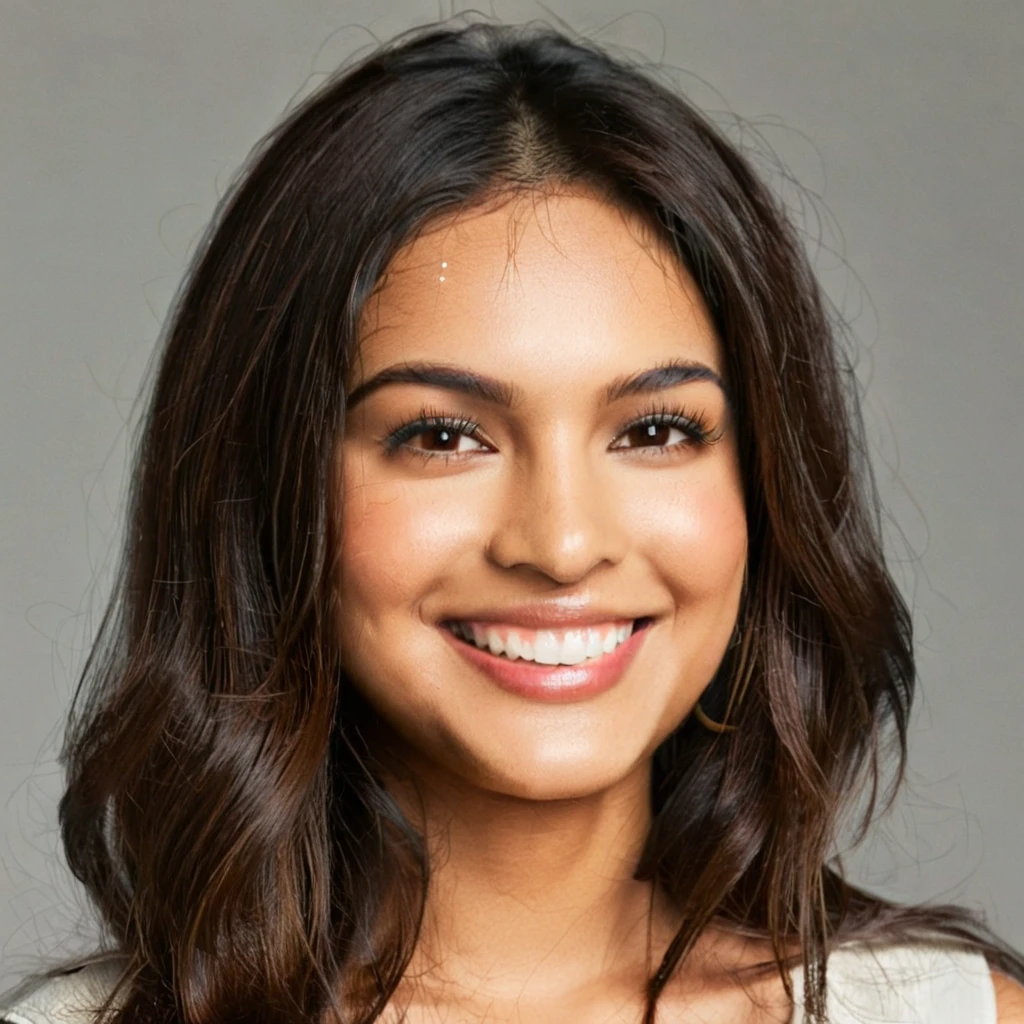 22 year old South Asian Latina woman with honey brown almond-shaped eyes, long dark lashes framing those eyes, and a warm inviting smile. Her wheatish skin has a slight dark brown undertone. Healthy neck-length straight brown hair. High cheekbones and a defined jawline frame her face, accentuated by soft studio lighting illuminating her face and shoulders. Her slim figure is curvaceous with a slight hourglass shape, emphasizing her natural beauty.