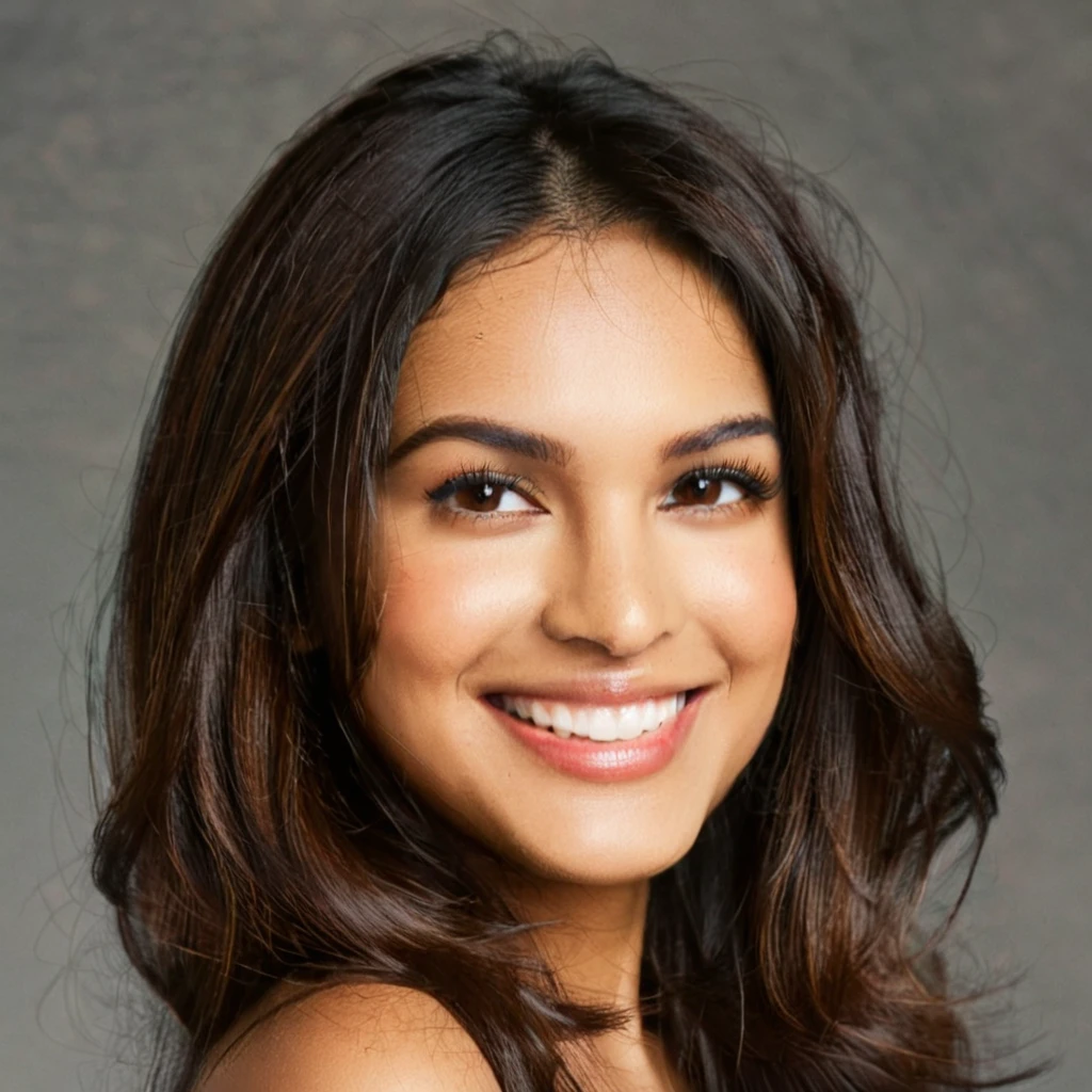 22 year old South Asian Latina woman with honey brown almond-shaped eyes, long dark lashes framing those eyes, and a warm inviting smile. Her wheatish skin has a slight dark brown undertone. Healthy neck-length straight brown hair. High cheekbones and a defined jawline frame her face, accentuated by soft studio lighting illuminating her face and shoulders. Her slim figure is curvaceous with a slight hourglass shape, emphasizing her natural beauty.