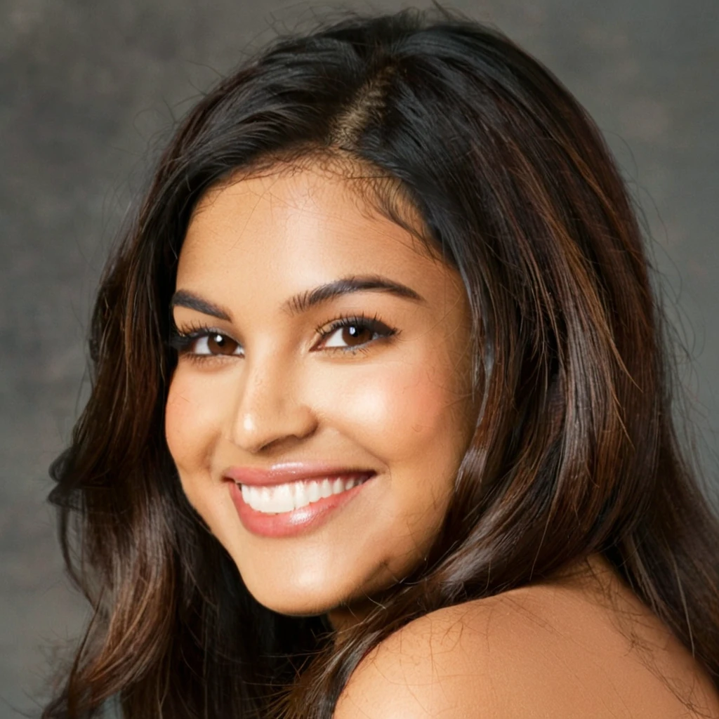 22 year old South Asian Latina woman with honey brown almond-shaped eyes, long dark lashes framing those eyes, and a warm inviting smile. Her wheatish skin has a slight dark brown undertone. Healthy neck-length straight brown hair. High cheekbones and a defined jawline frame her face, accentuated by soft studio lighting illuminating her face and shoulders. Her slim figure is curvaceous with a slight hourglass shape, emphasizing her natural beauty.